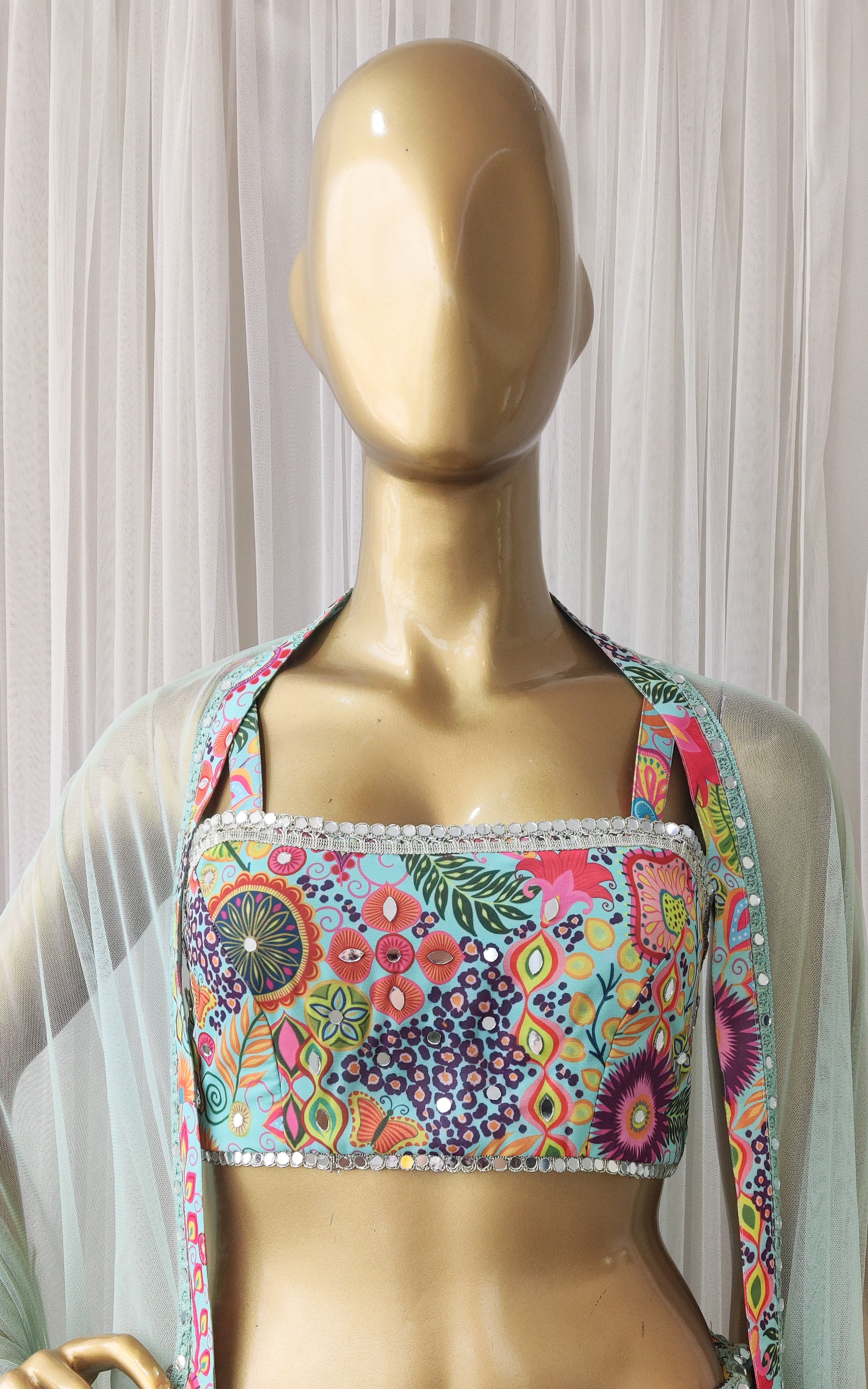 Sea Green Kitschy Print Mirrorwork Lehenga