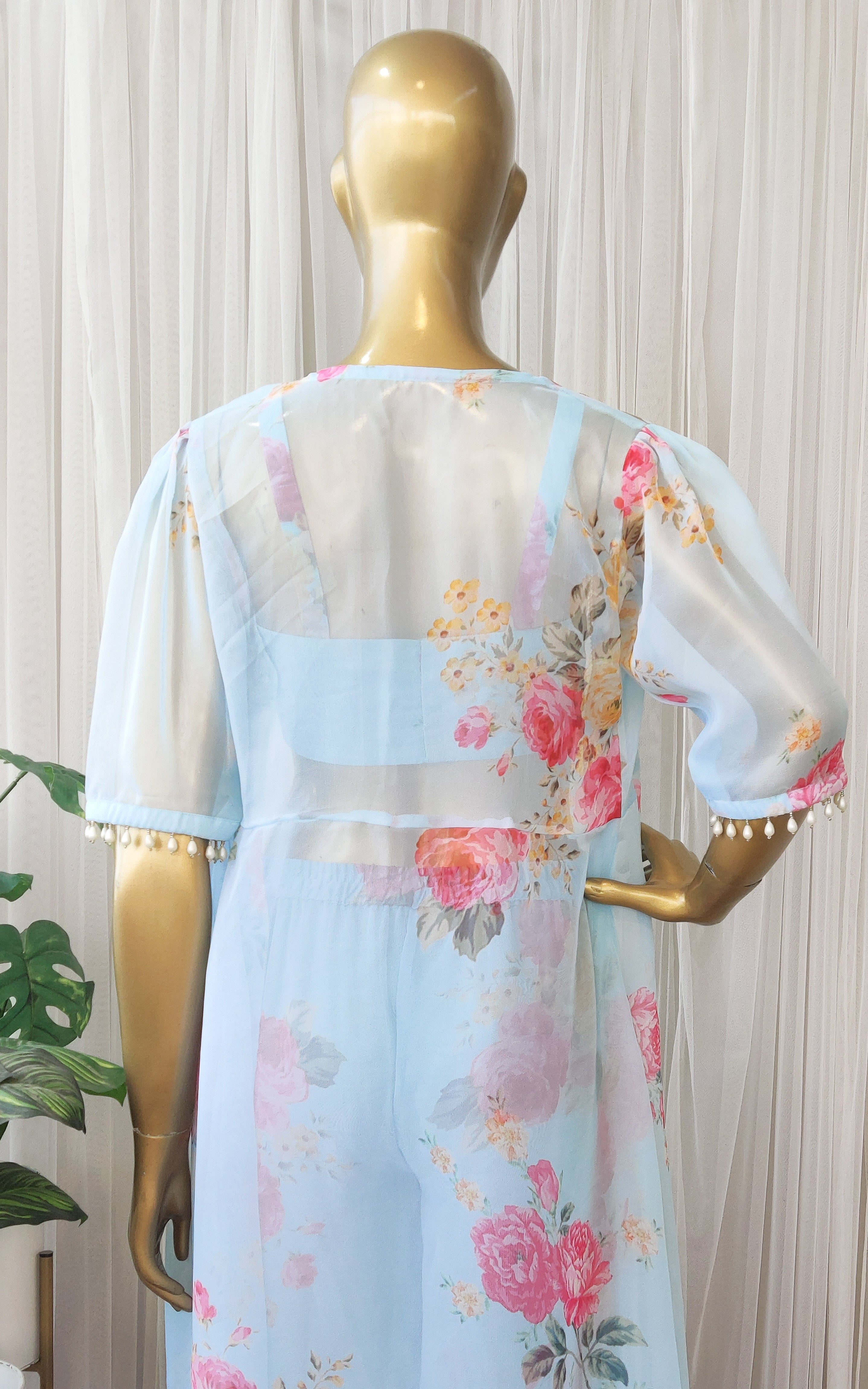 Sky Blue Floral Crop Top & Pant Co-ord Set