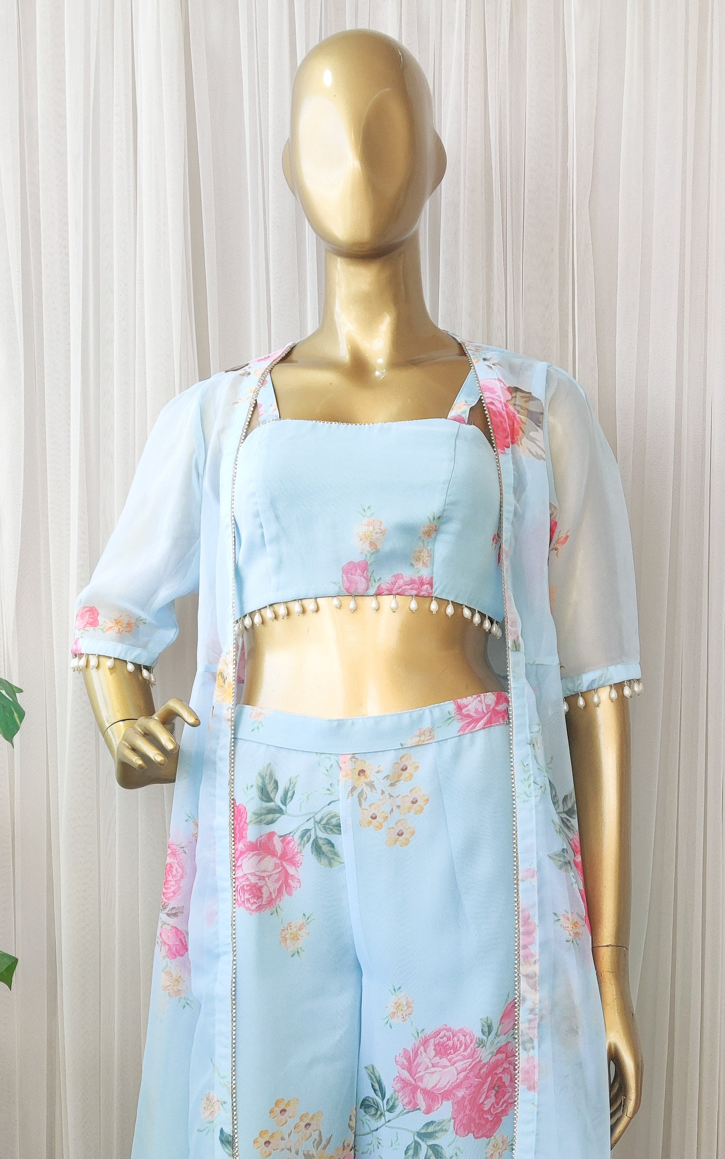 Ladies Drop Shoulder Crop Shirt & Pants Set (Sky Blue & Off-White)