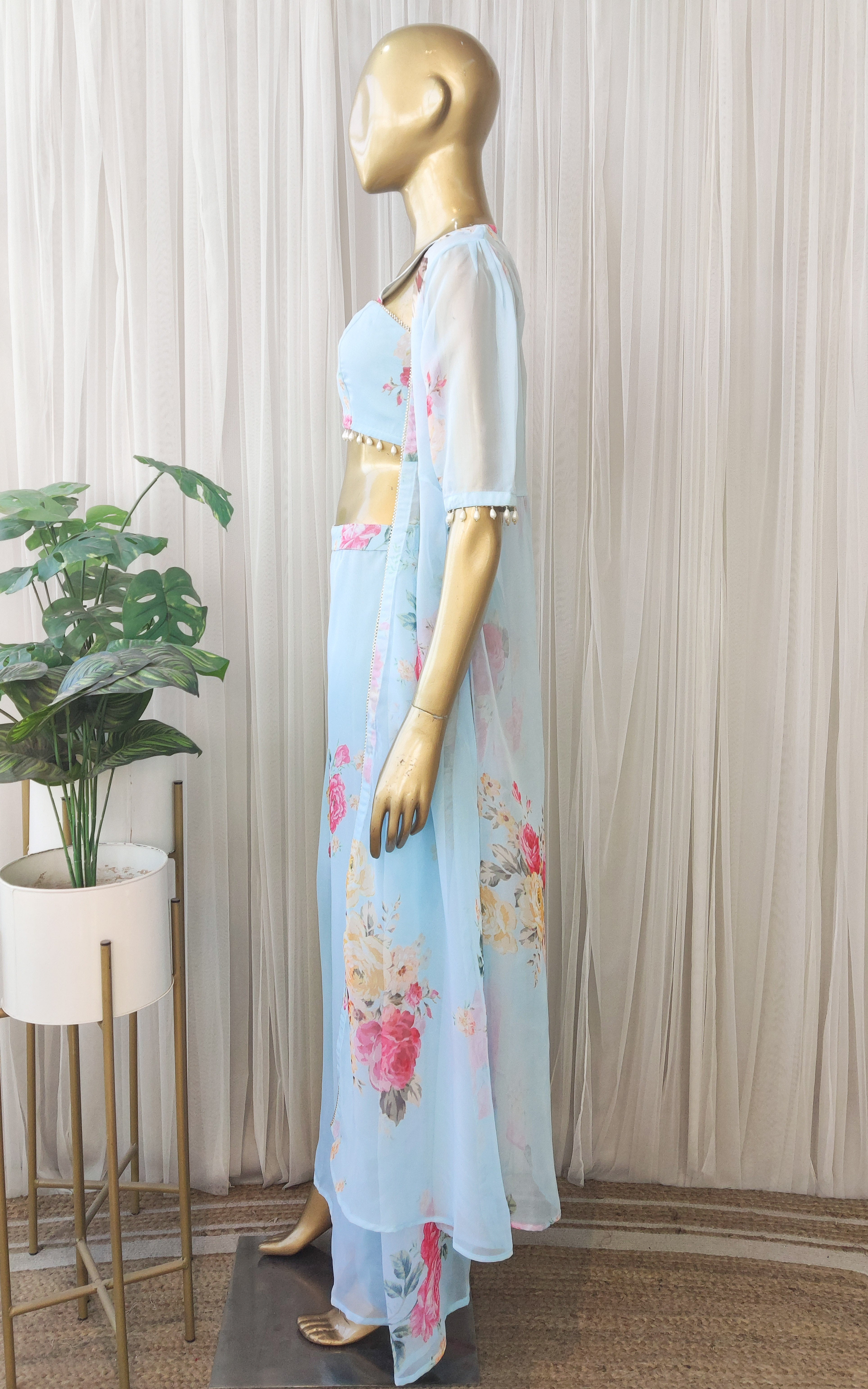 Sky Blue Floral Crop Top & Pant Co-ord Set