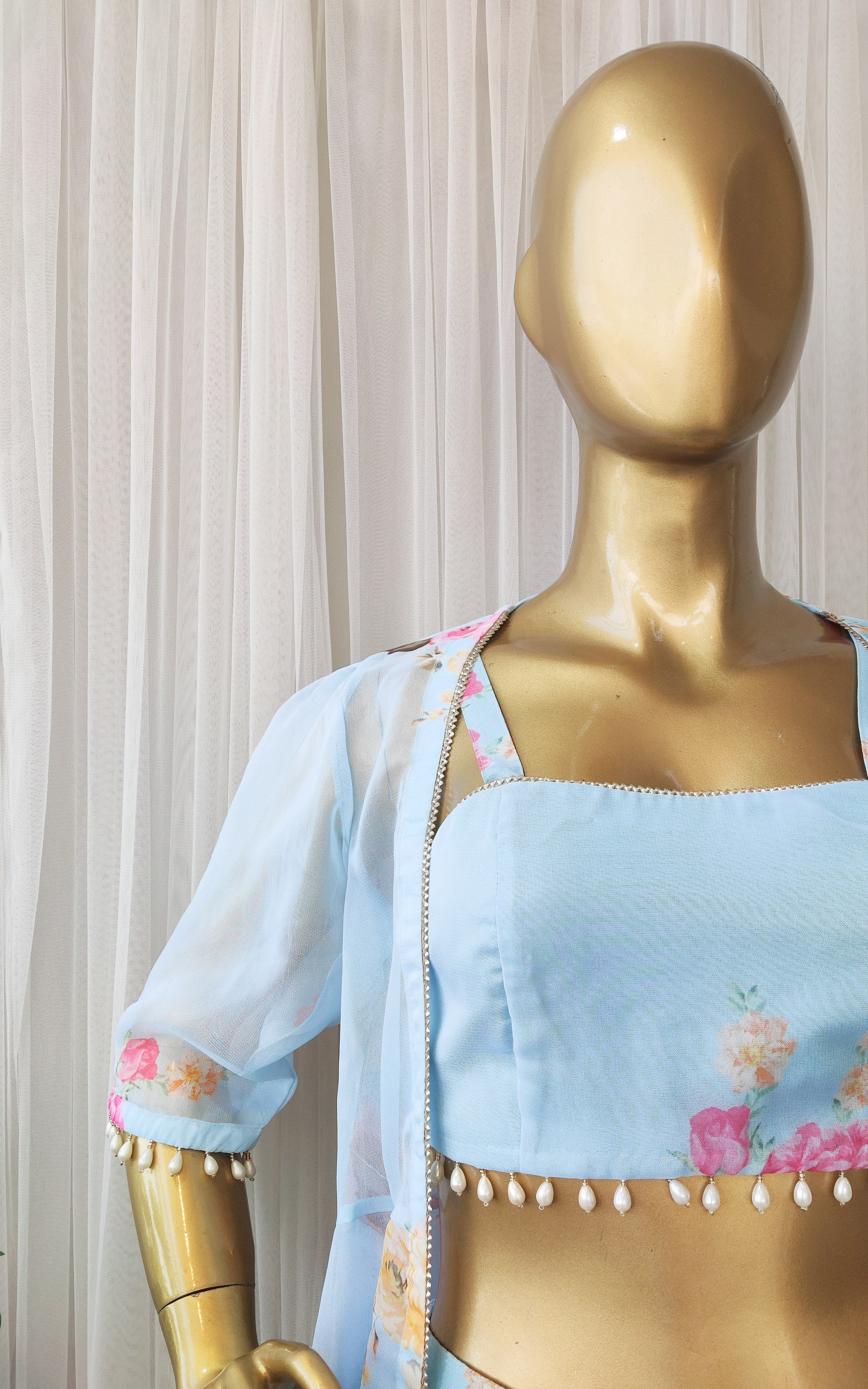 Sky Blue Floral Crop Top & Pant Co-ord Set