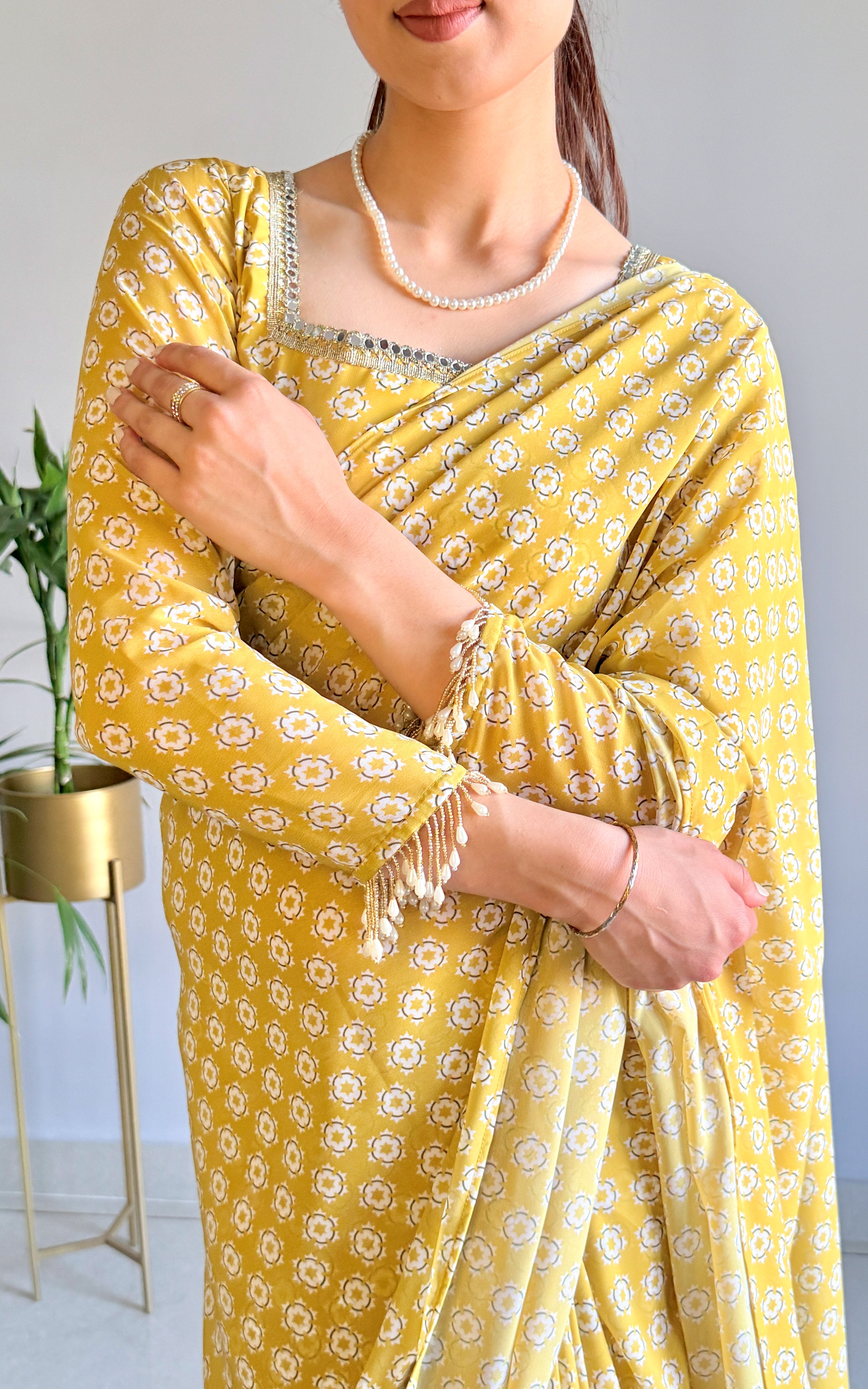 Lime Starry Mirror and Pearl Detail Stitched Saree