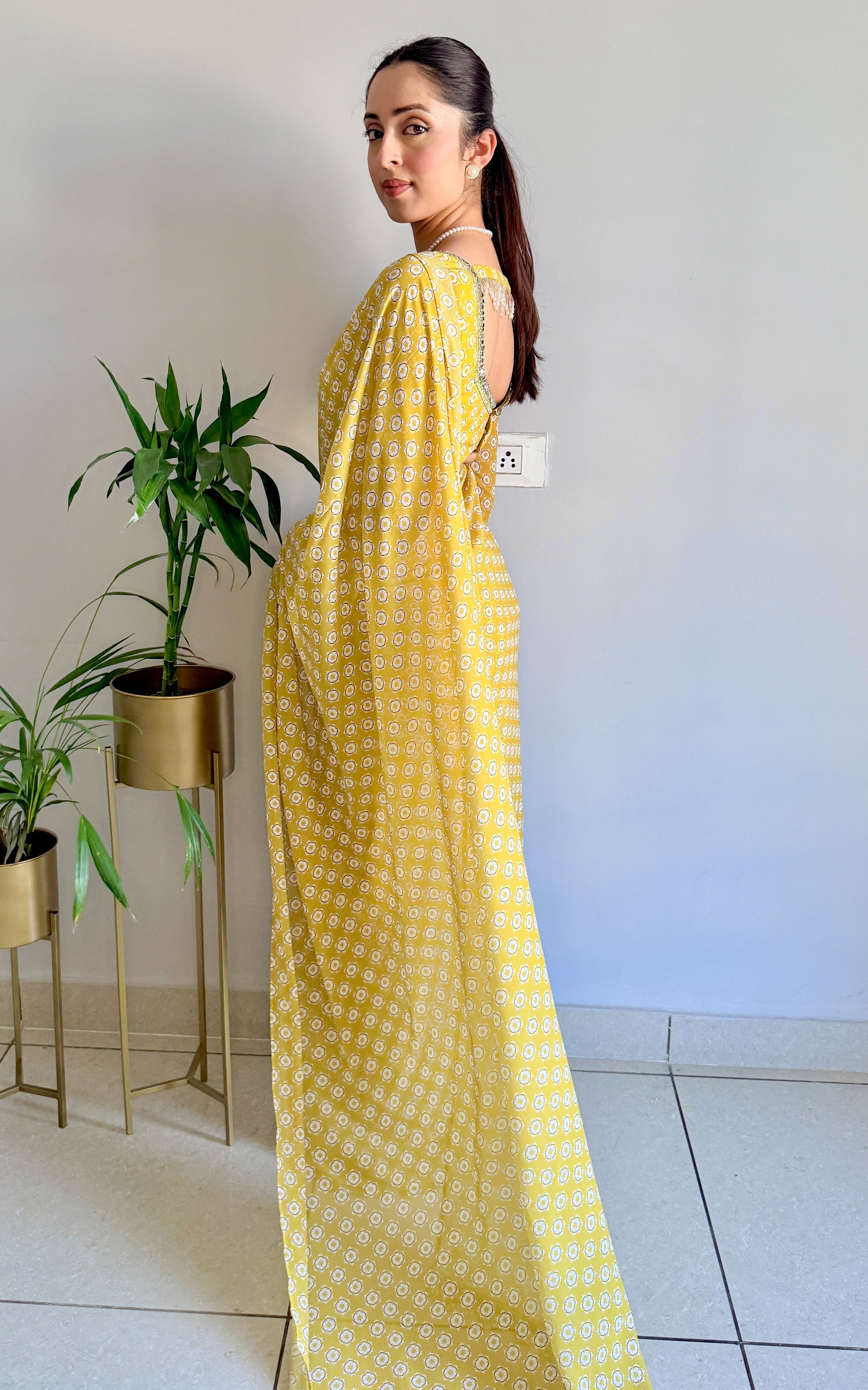 Lime Starry Mirror and Pearl Detail Stitched Saree