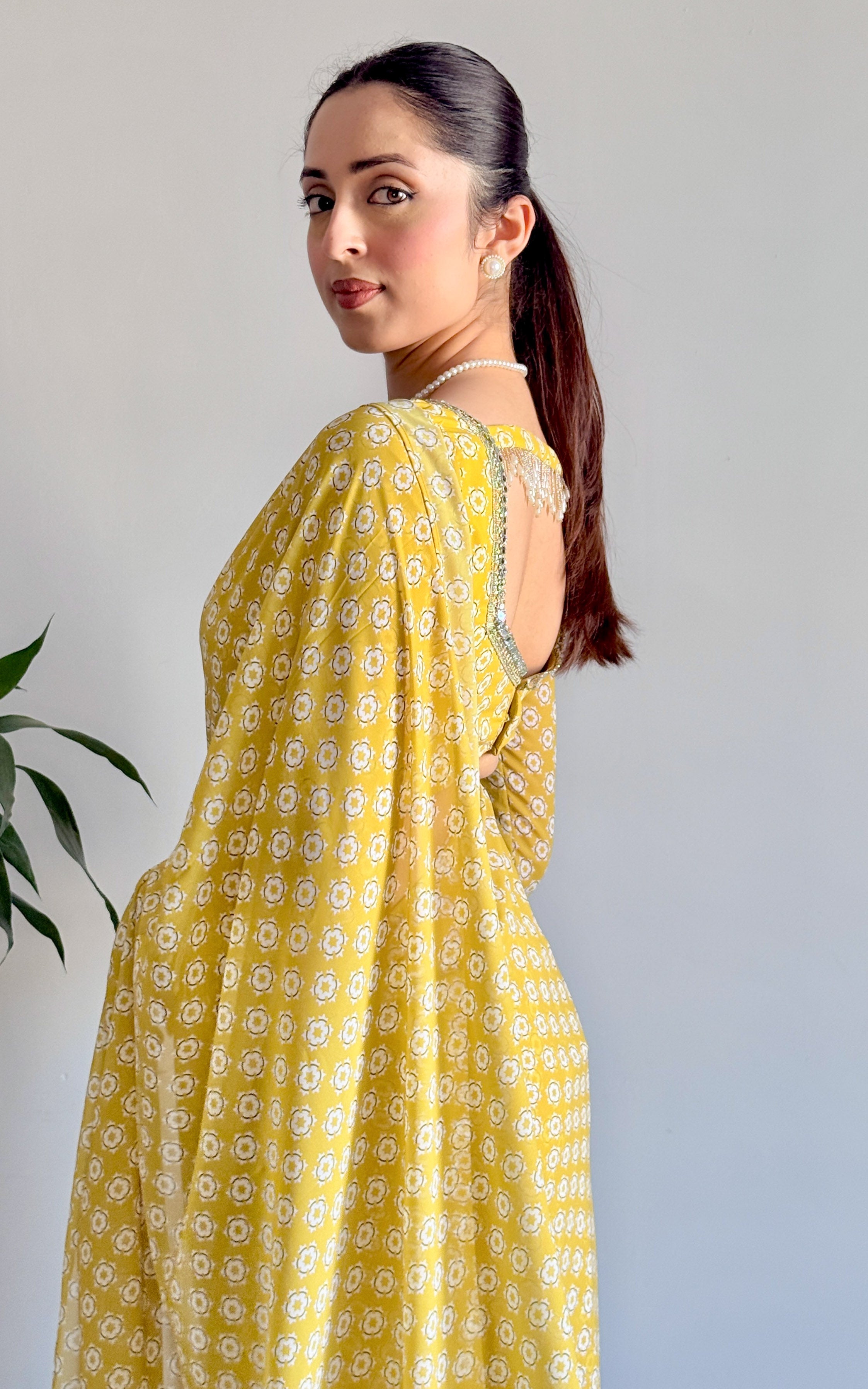 Lime Starry Mirror and Pearl Detail Stitched Saree