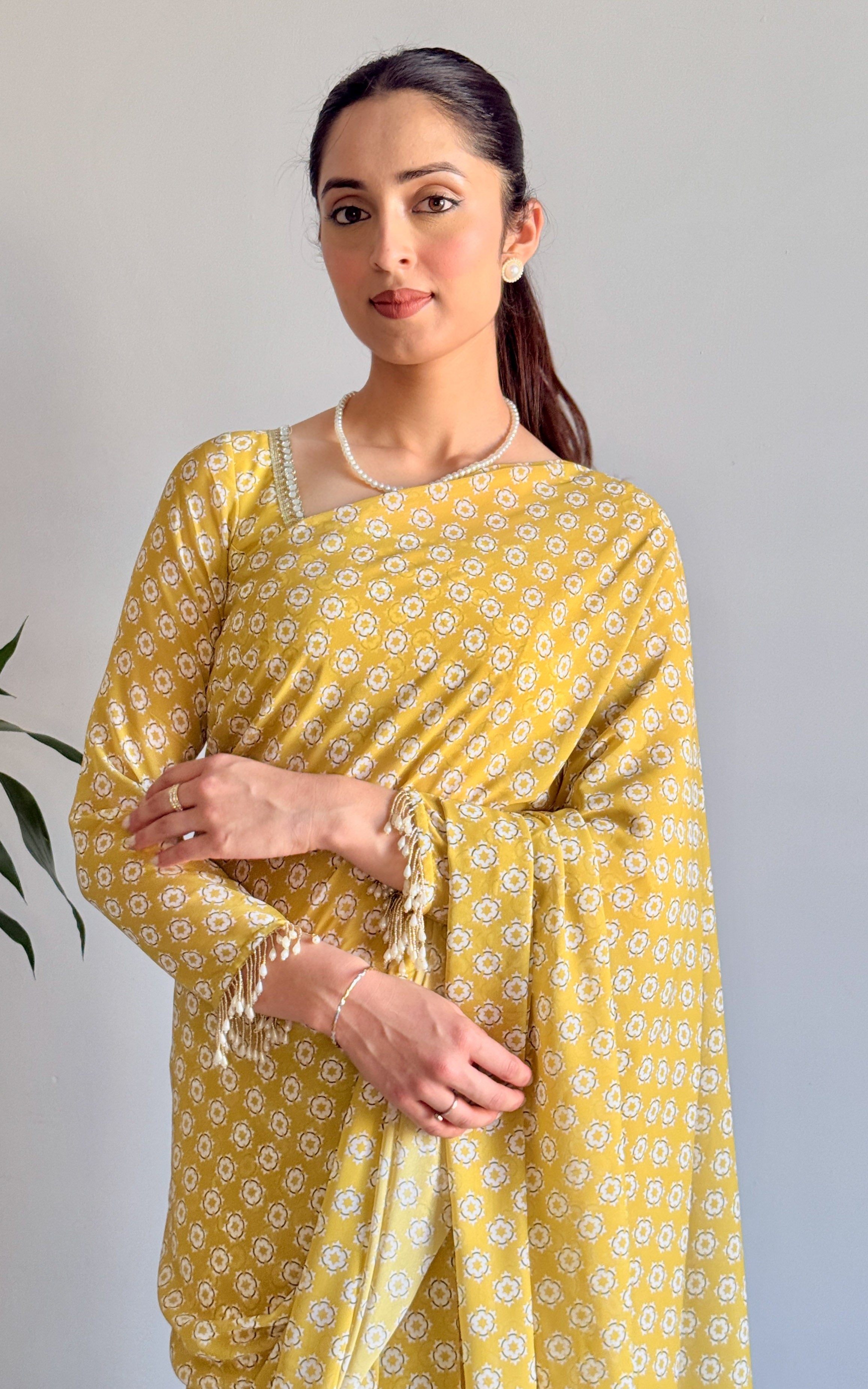 Lime Starry Mirror and Pearl Detail Stitched Saree
