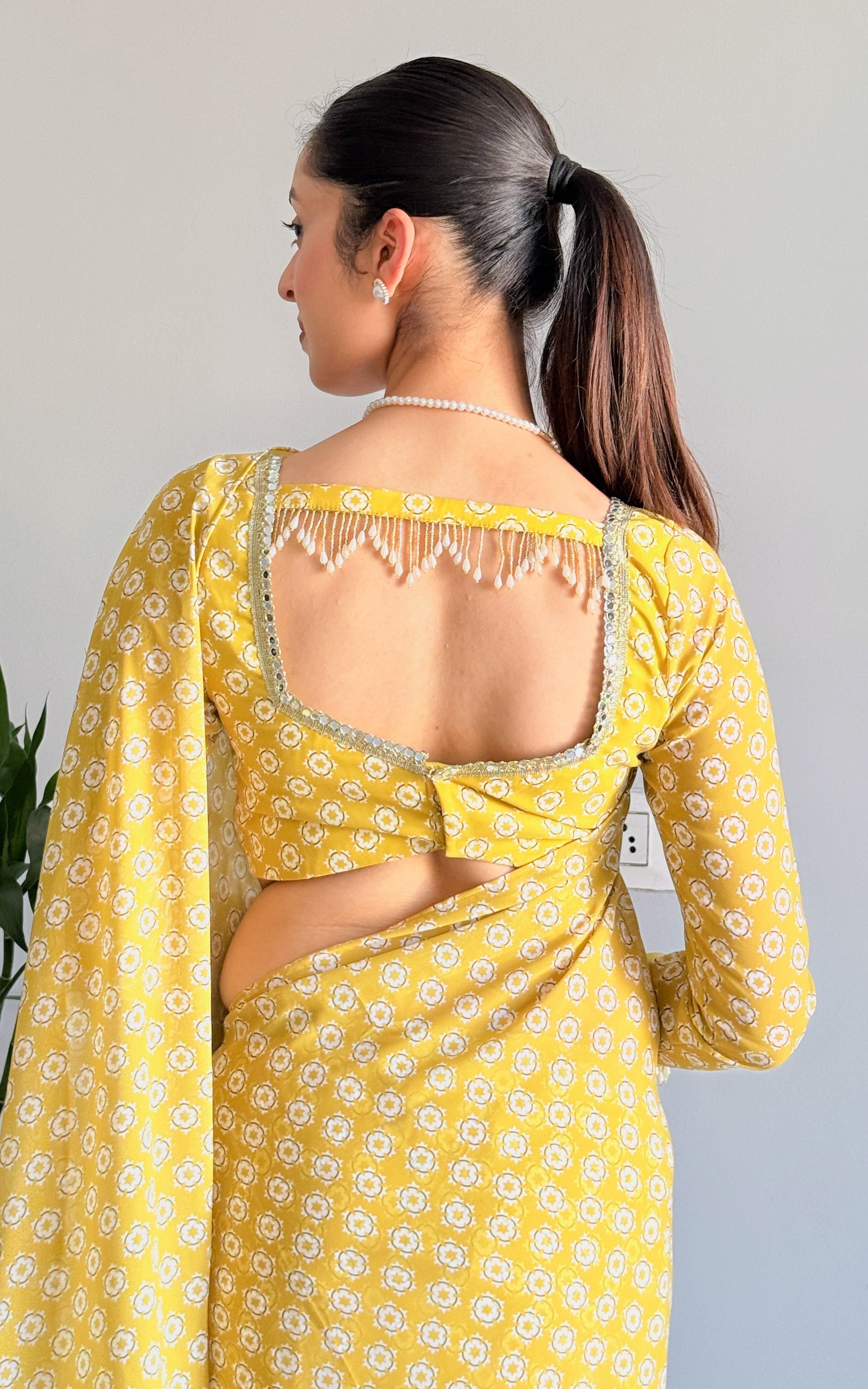 Lime Starry Mirror and Pearl Detail Stitched Saree