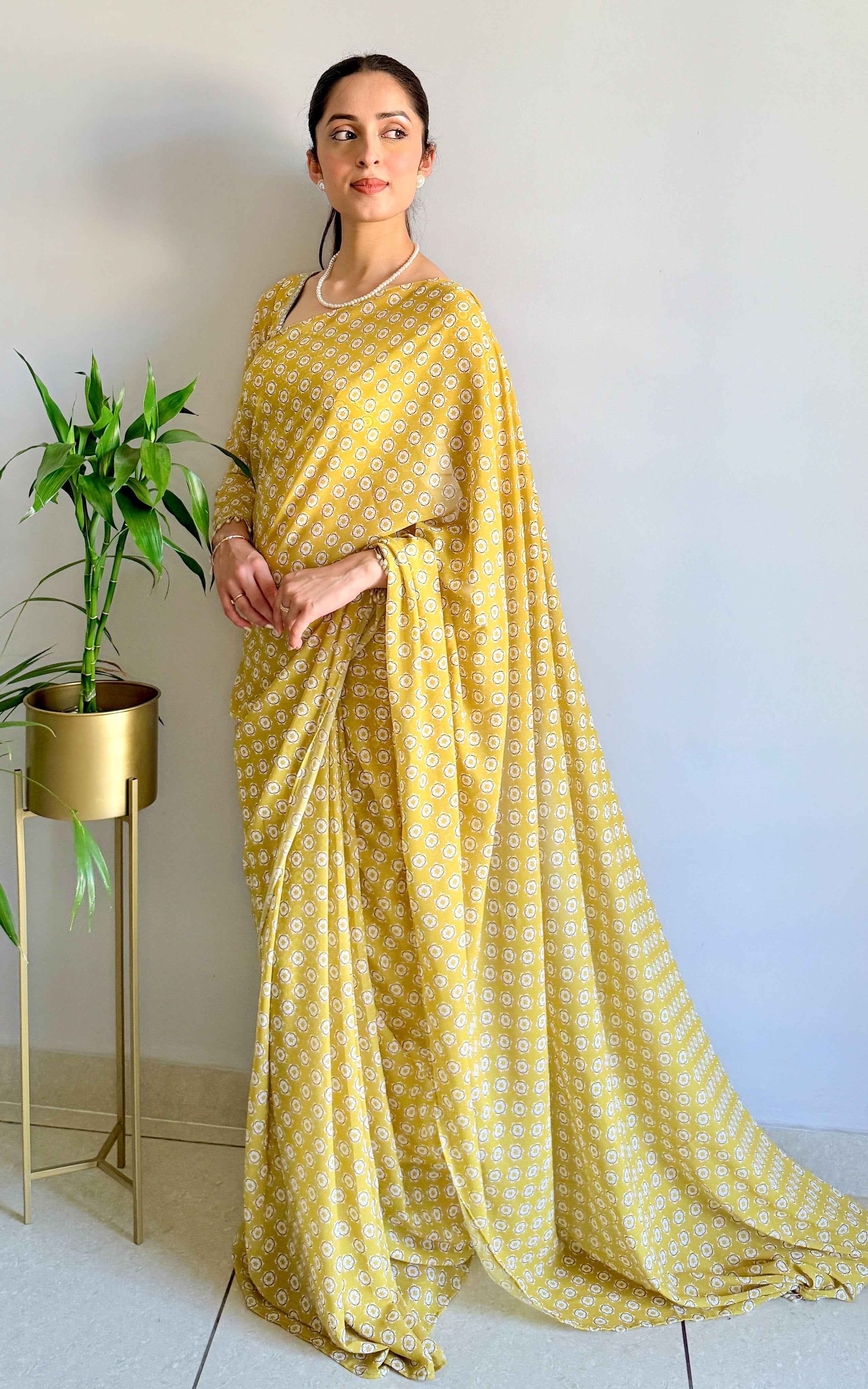Lime Starry Mirror and Pearl Detail Stitched Saree