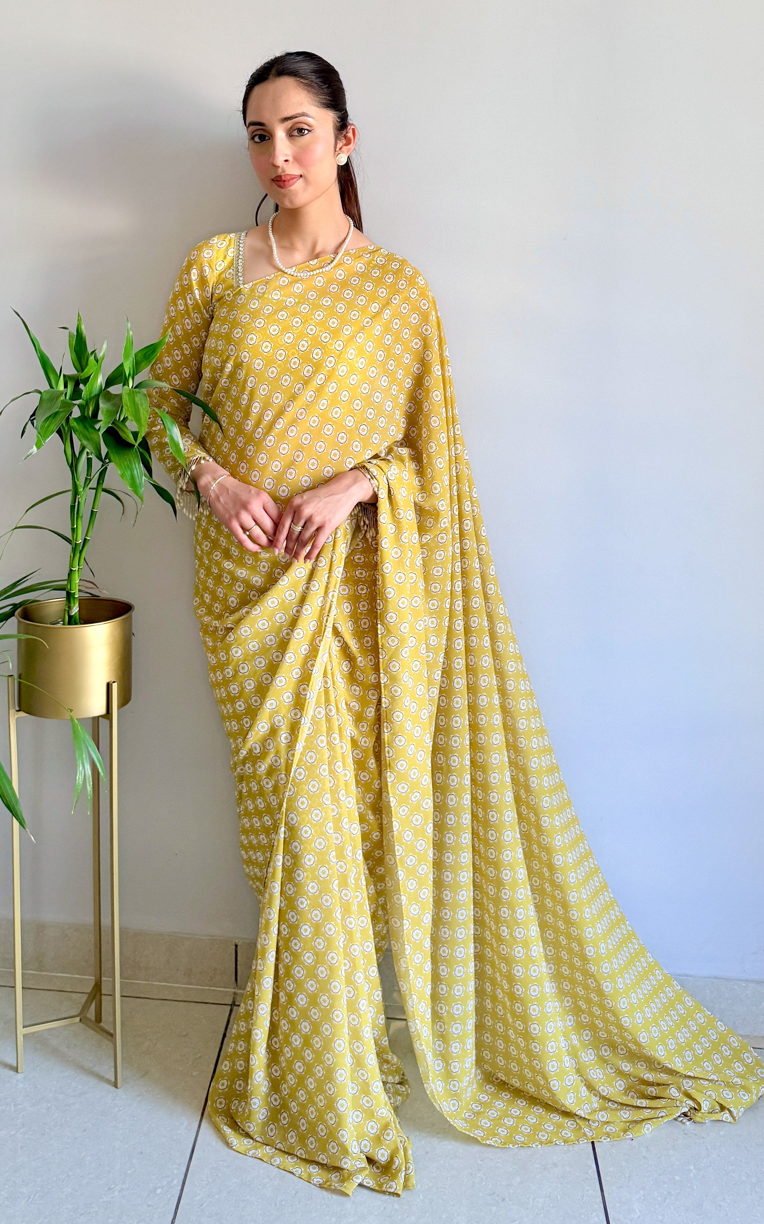 Lime Starry Mirror and Pearl Detail Stitched Saree