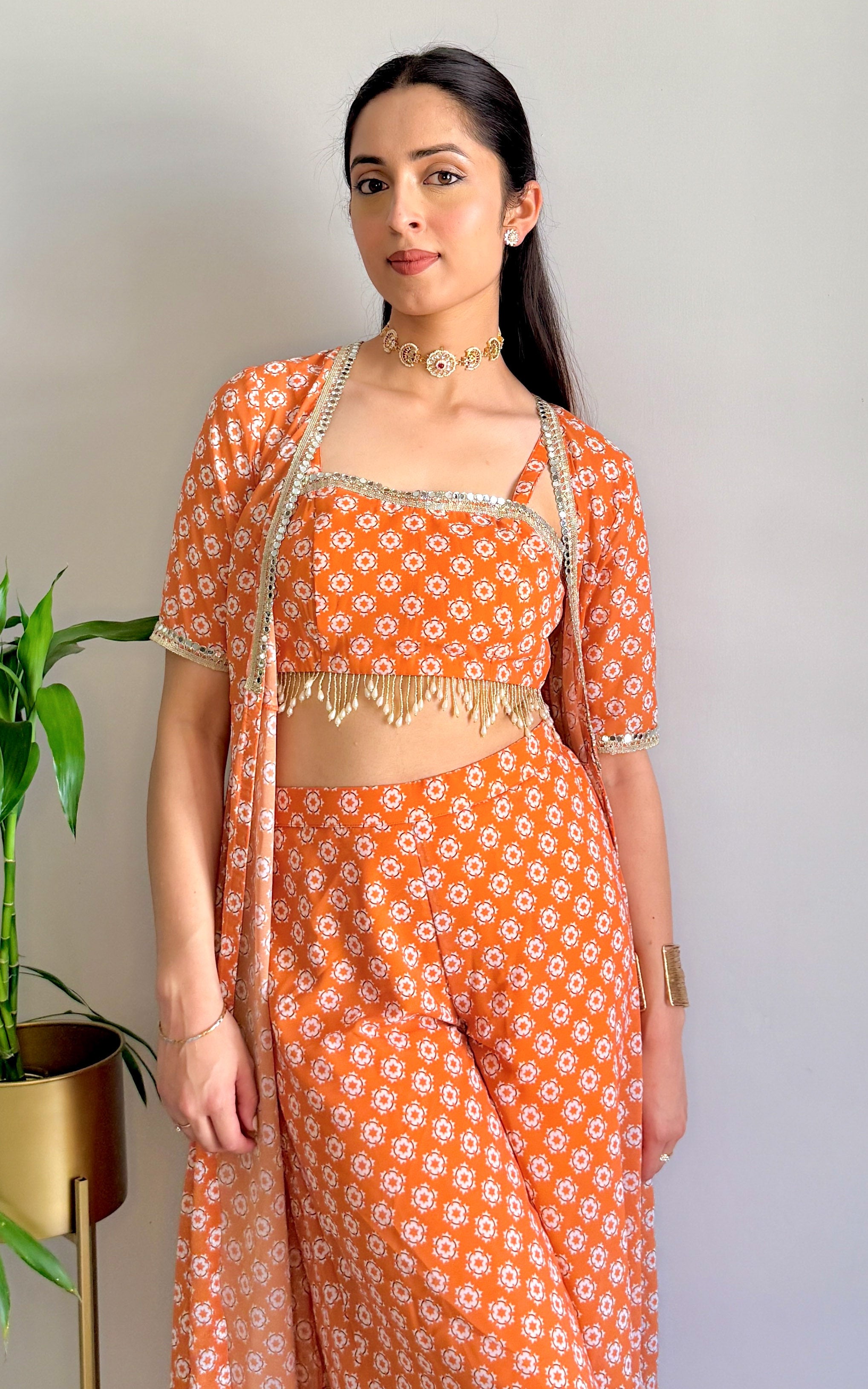 Burnt Orange Printed Mirrorwork Crop Top Jacket Set