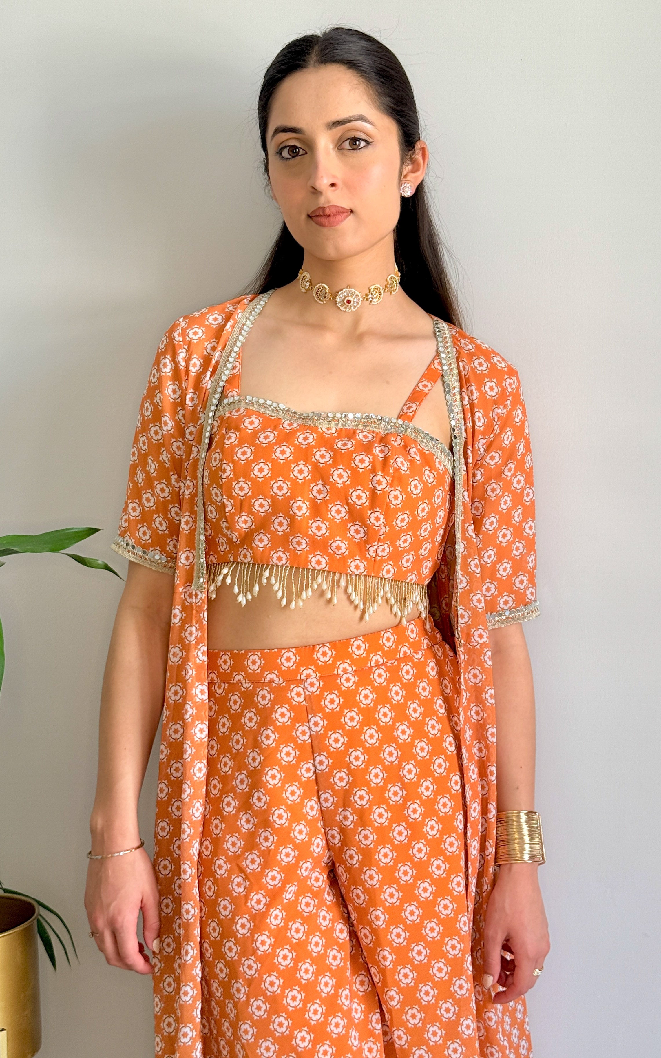 Burnt Orange Printed Mirrorwork Crop Top Jacket Set