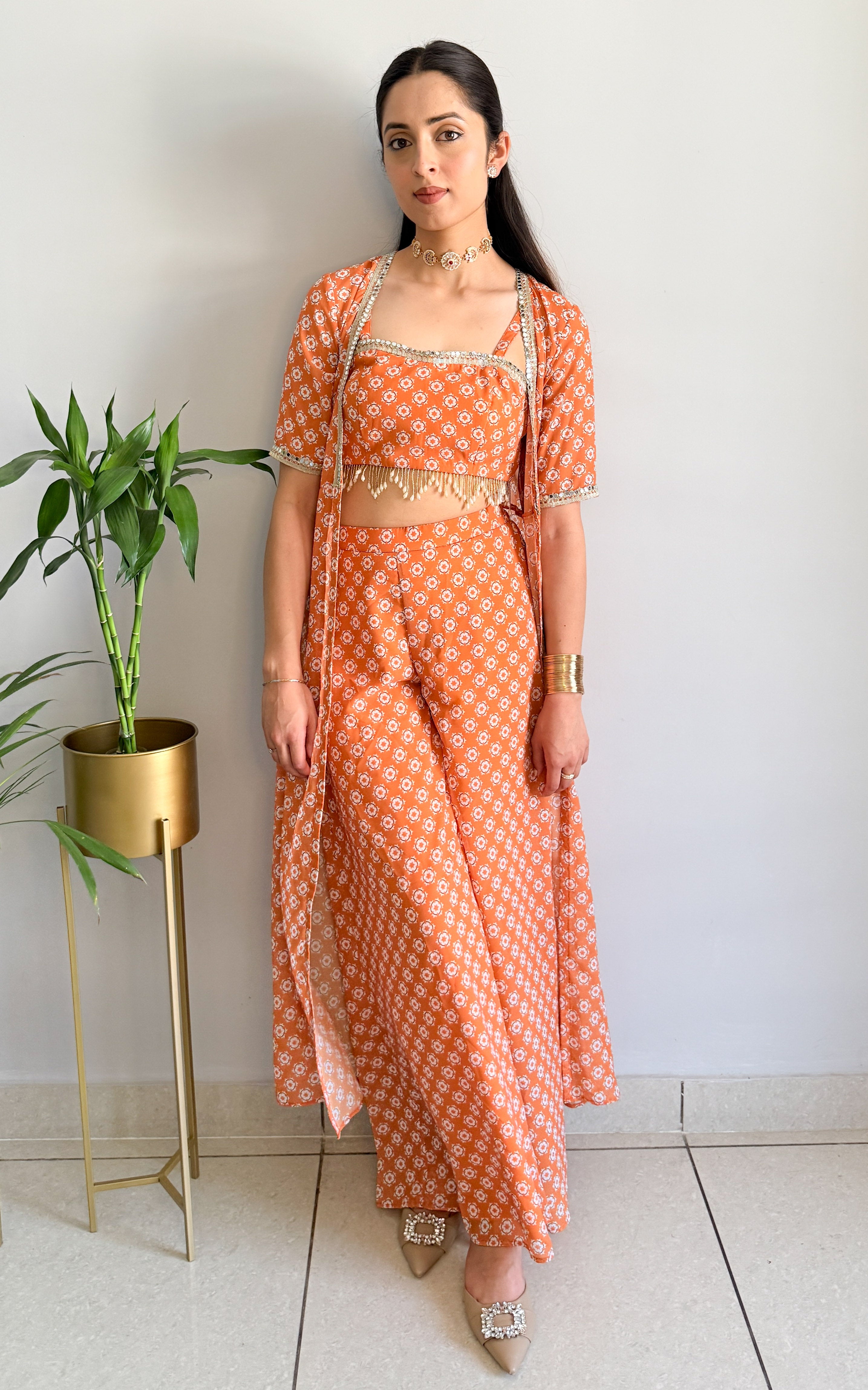 Burnt Orange Printed Mirrorwork Crop Top Jacket Set