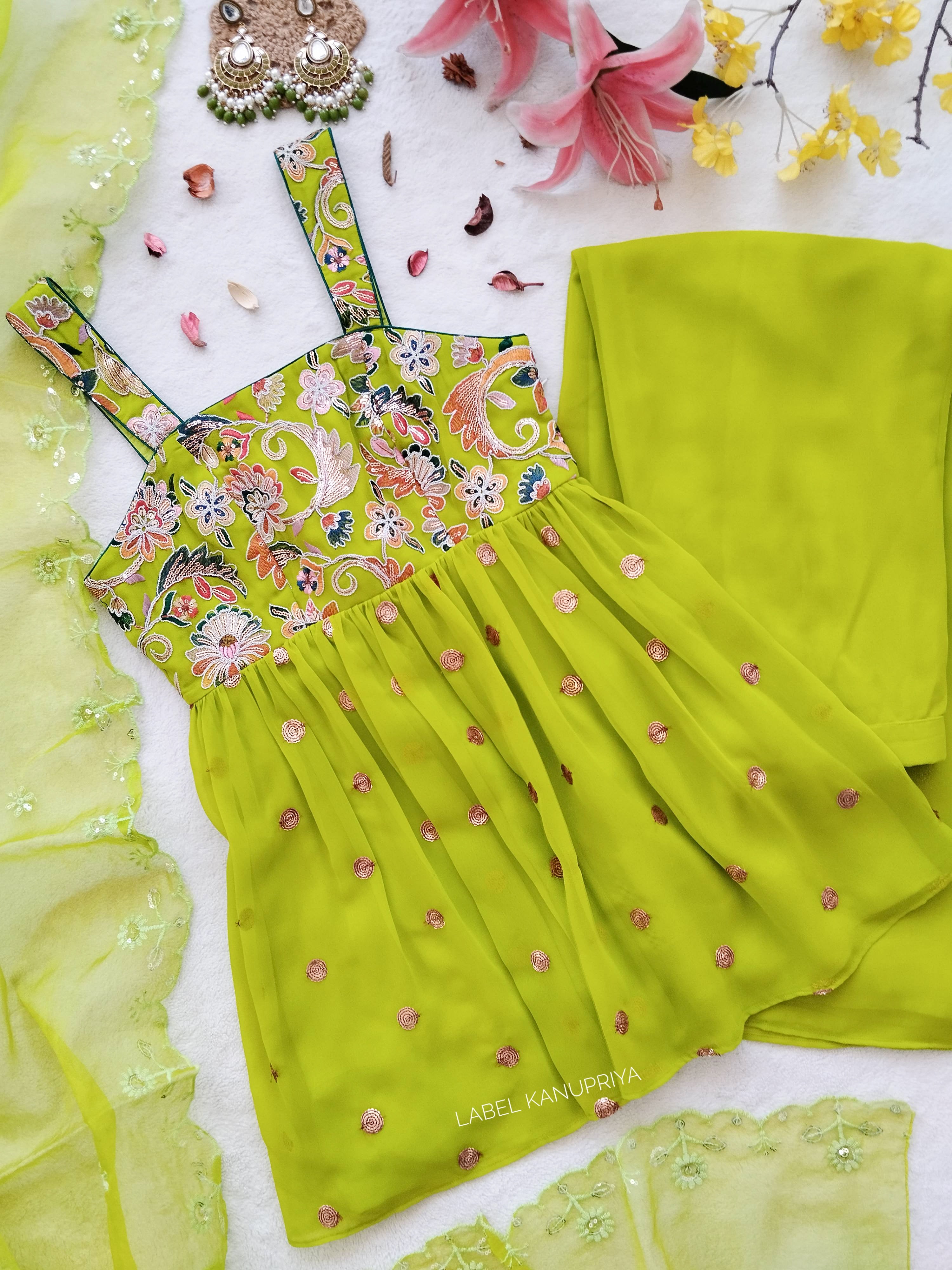 Parrot Green Embroidered Sharara Set
