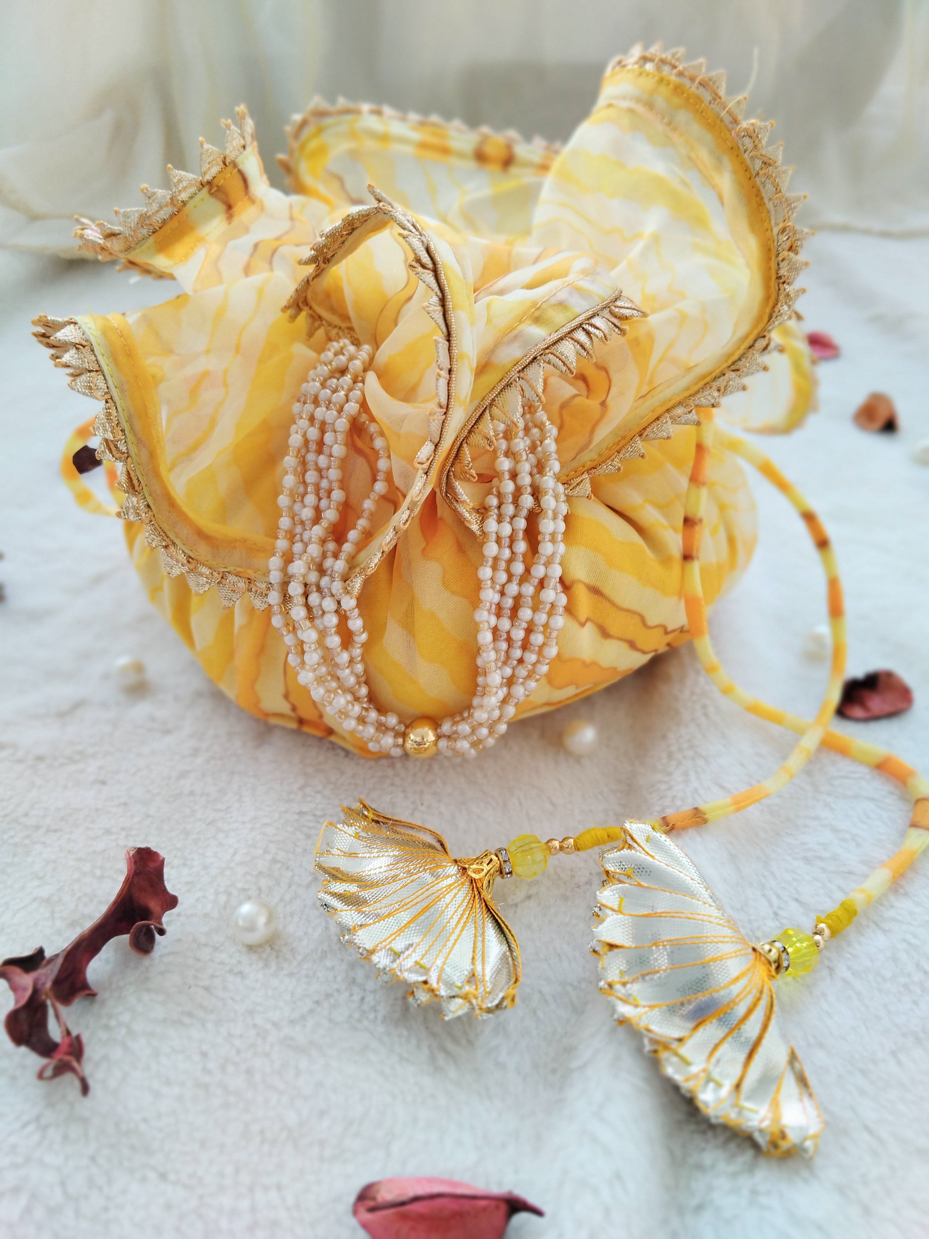 Yellow Leheriya Organza Potli Bag