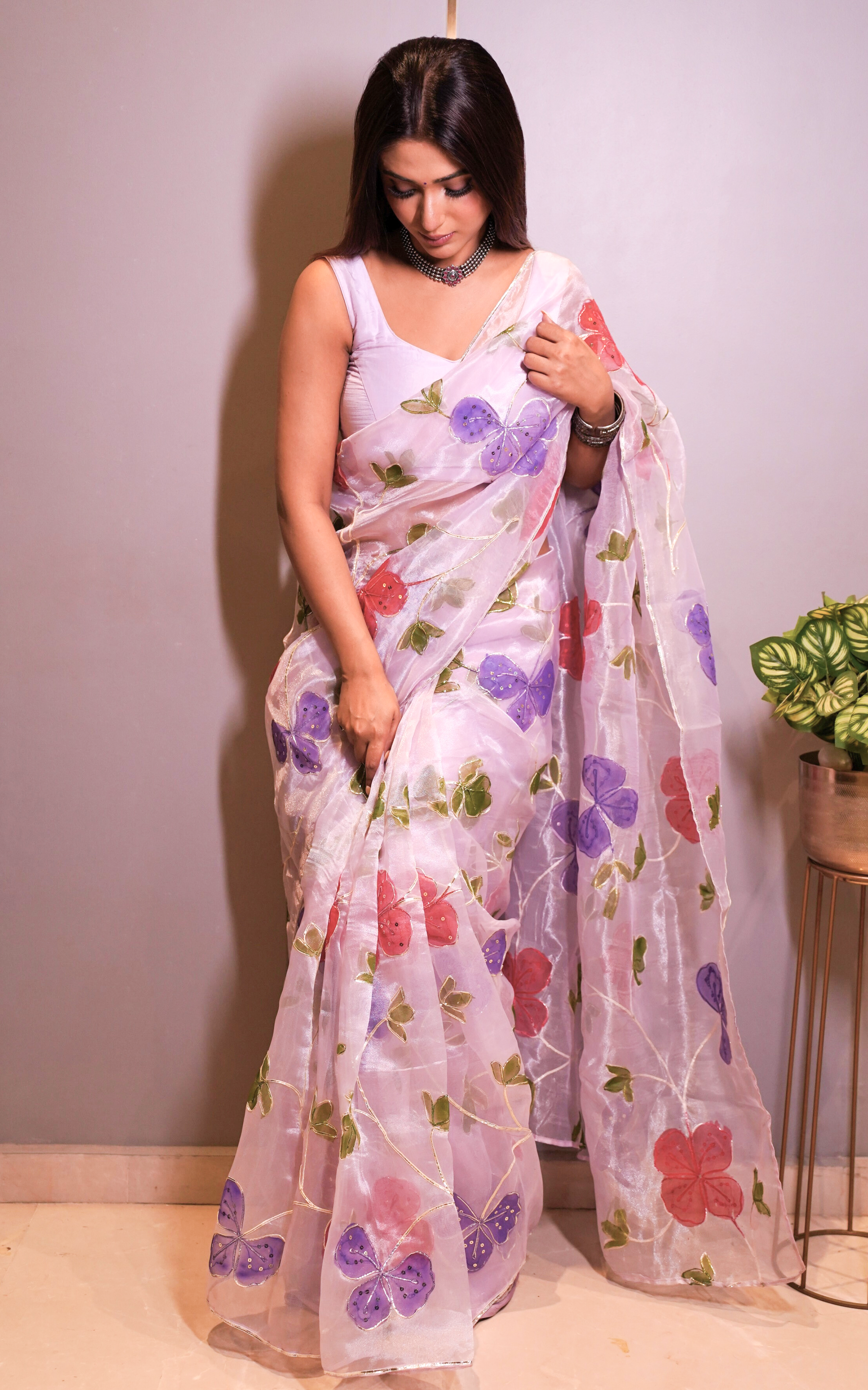Lilac Handpainted Organza Saree with Handwork
