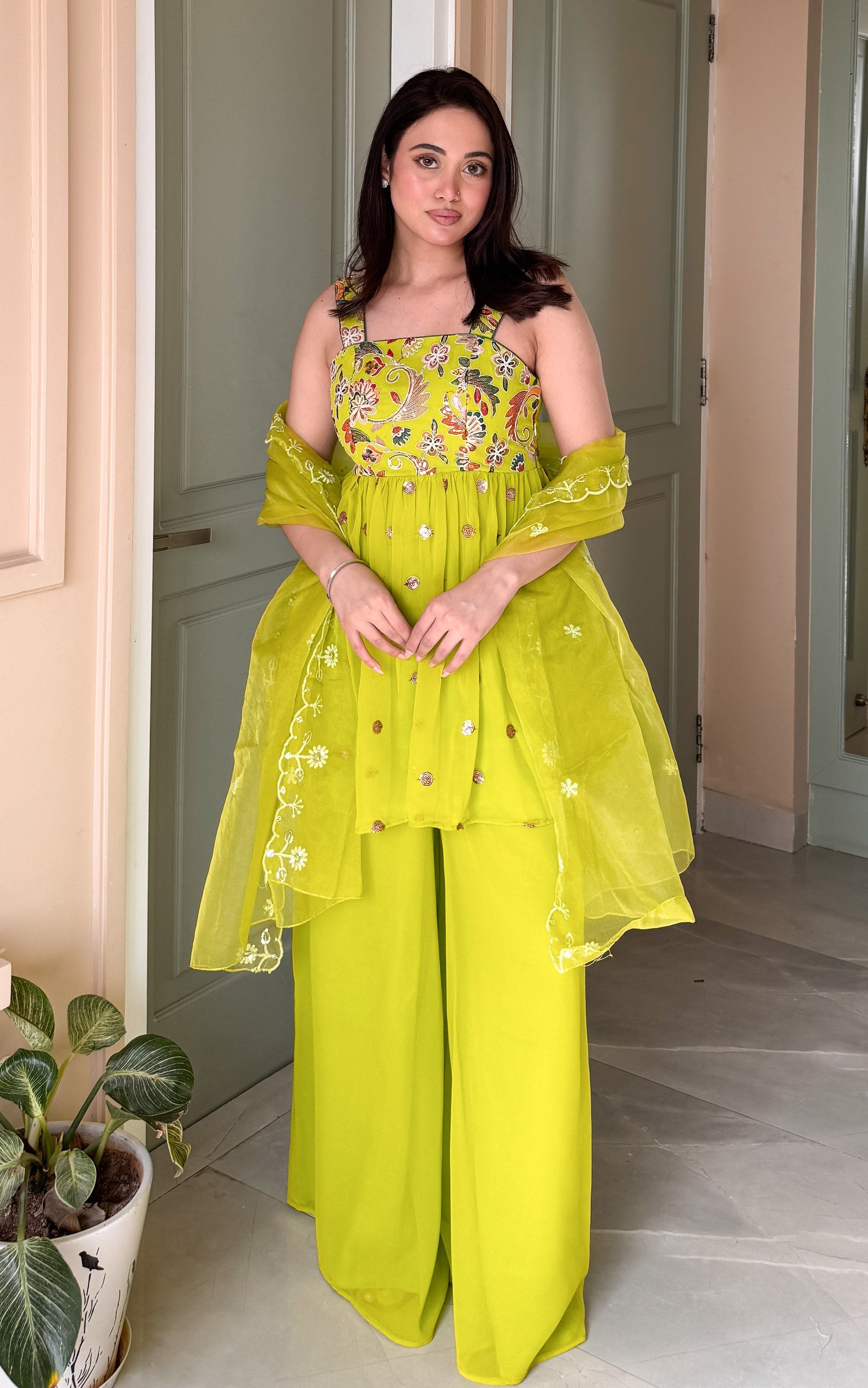 Varsha Parrot Green Chinnon Zari Multi Thread Embroidery Work Kurti Set main image 0