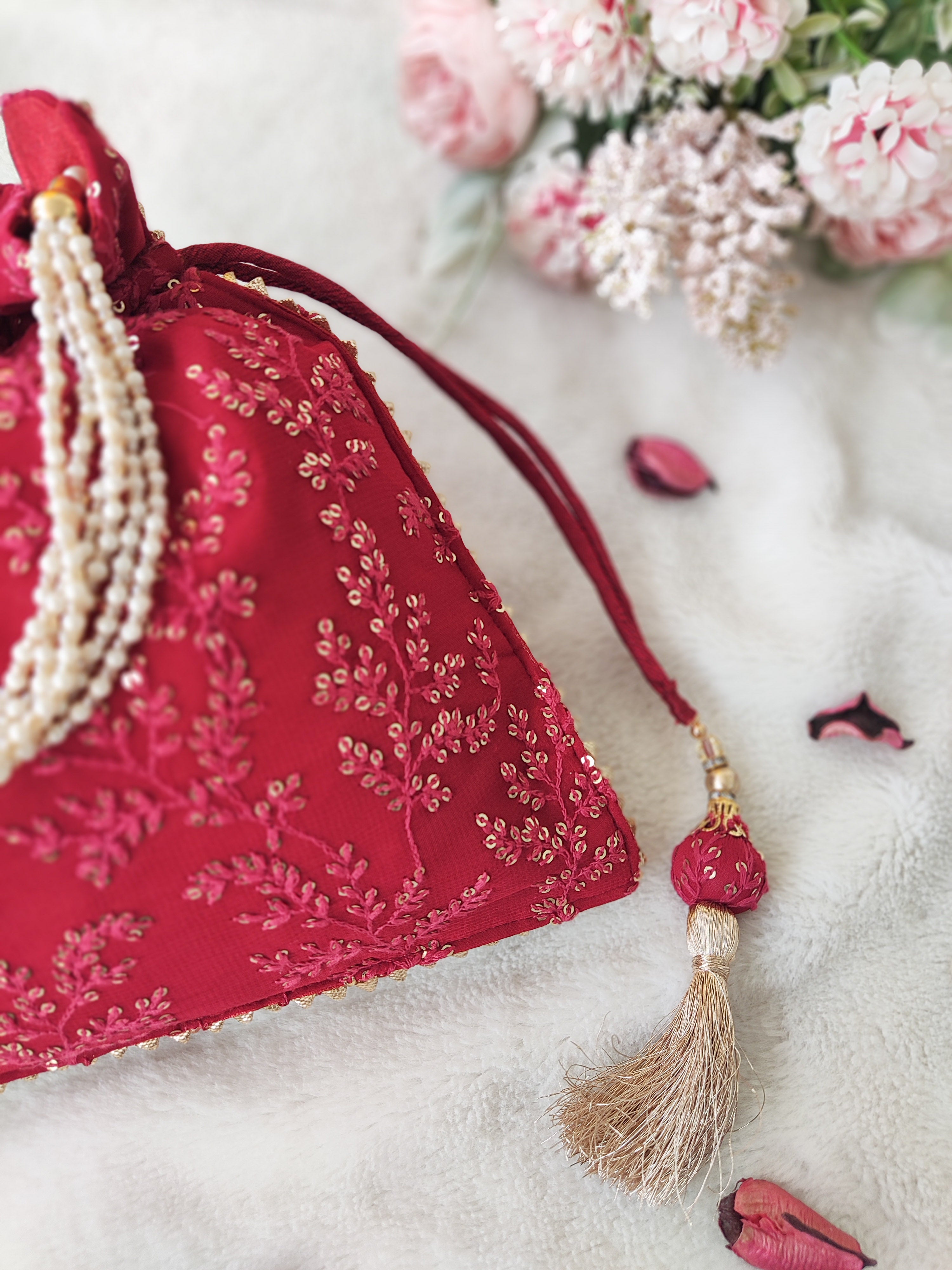 Cherry Red Sequinwork Potli Bag