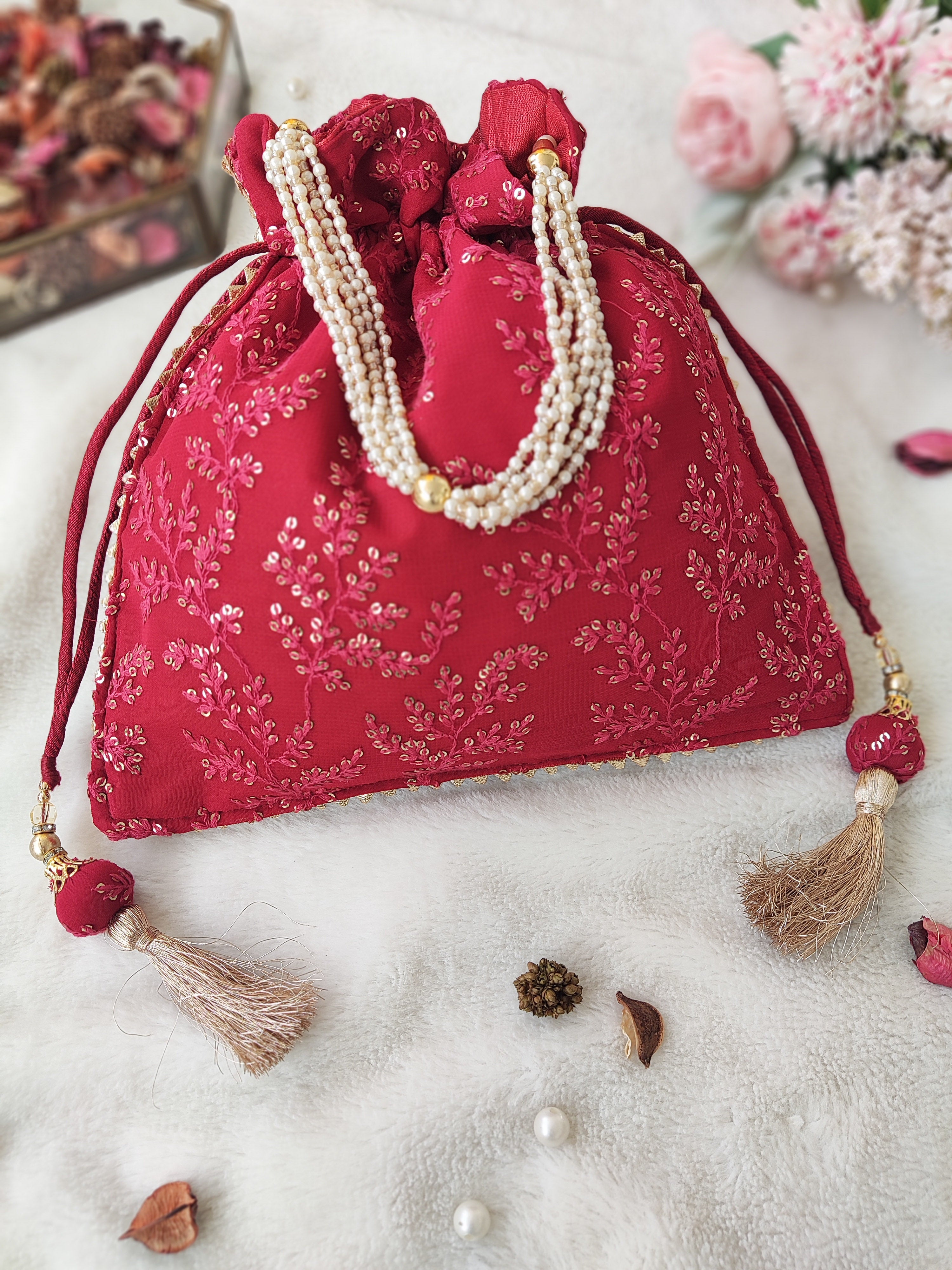Cherry Red Sequinwork Potli Bag