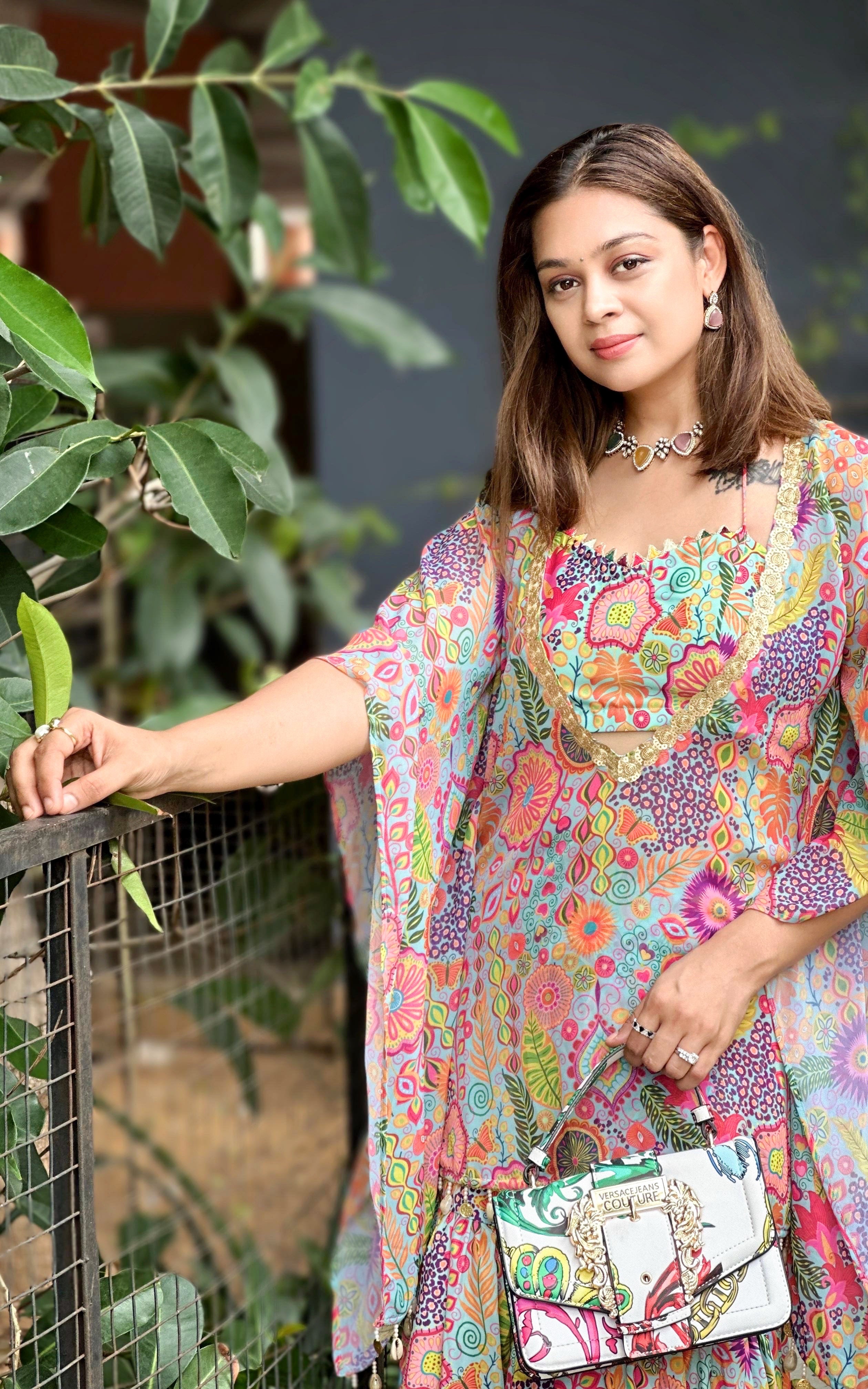 Sea Green Kitschy Printed Crop Top and Sharara Set