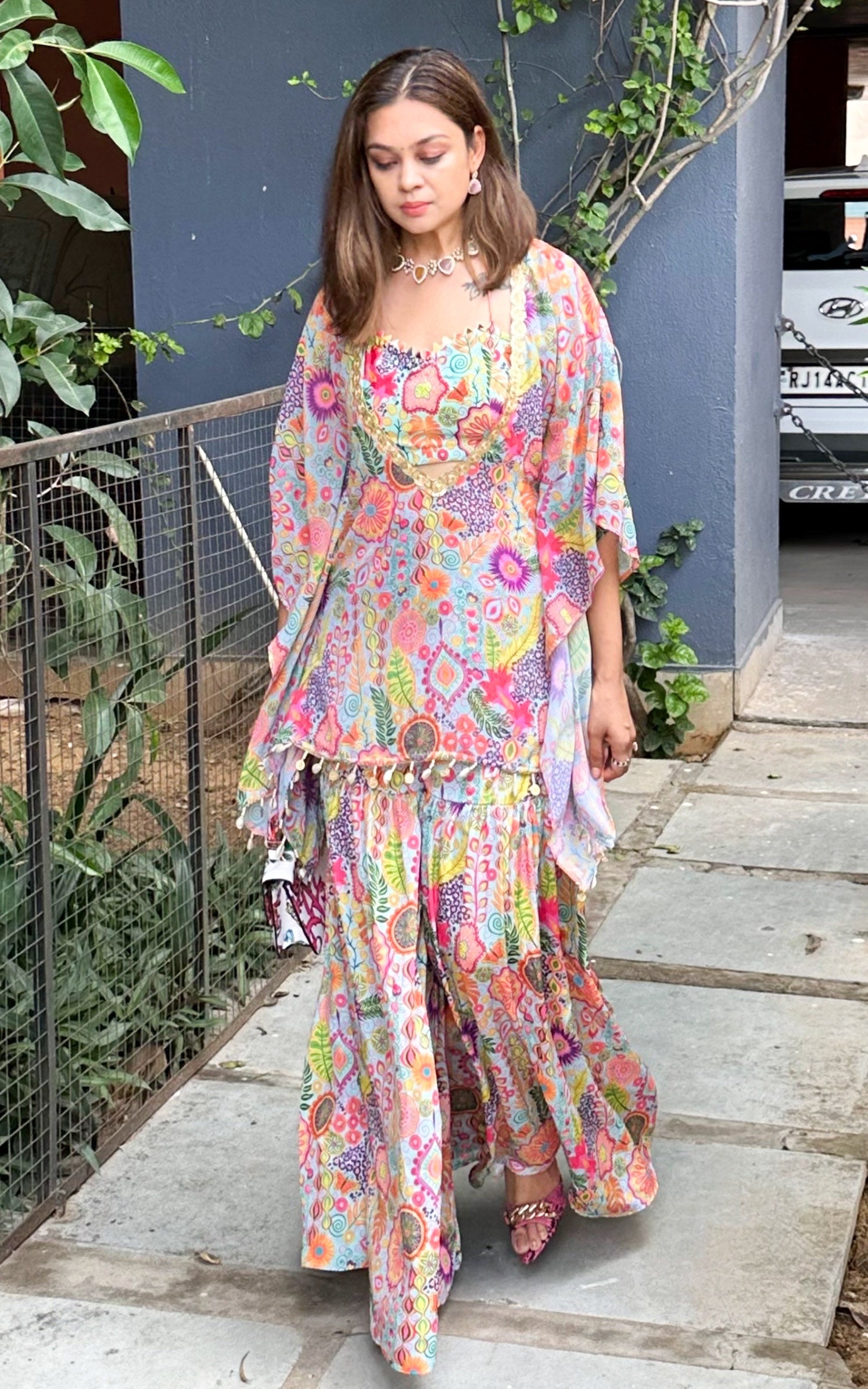 Sea Green Kitschy Printed Crop Top and Sharara Set