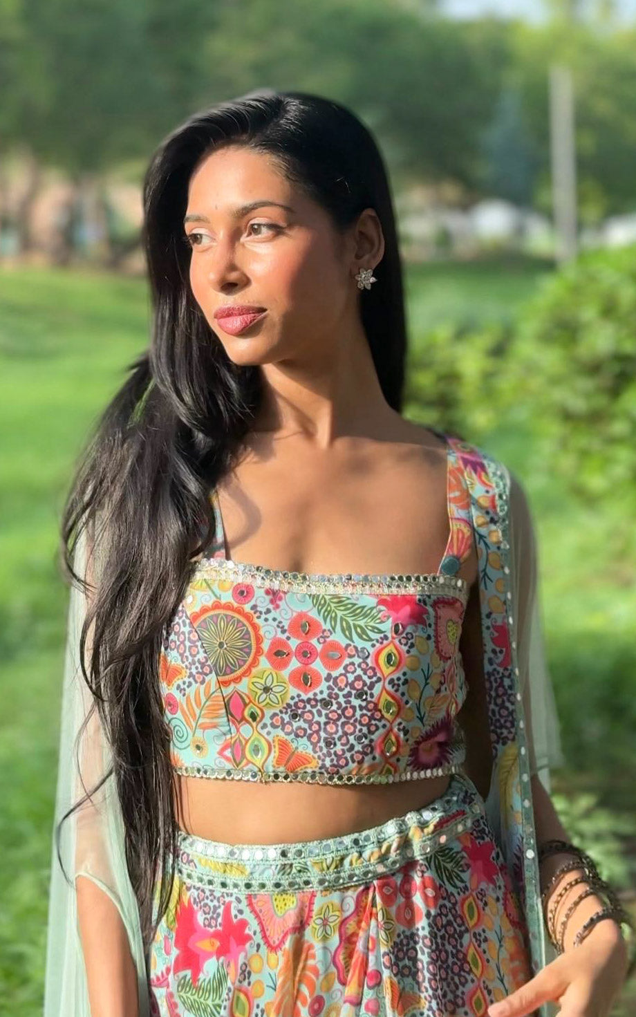 Sea Green Kitschy Print Mirrorwork Lehenga