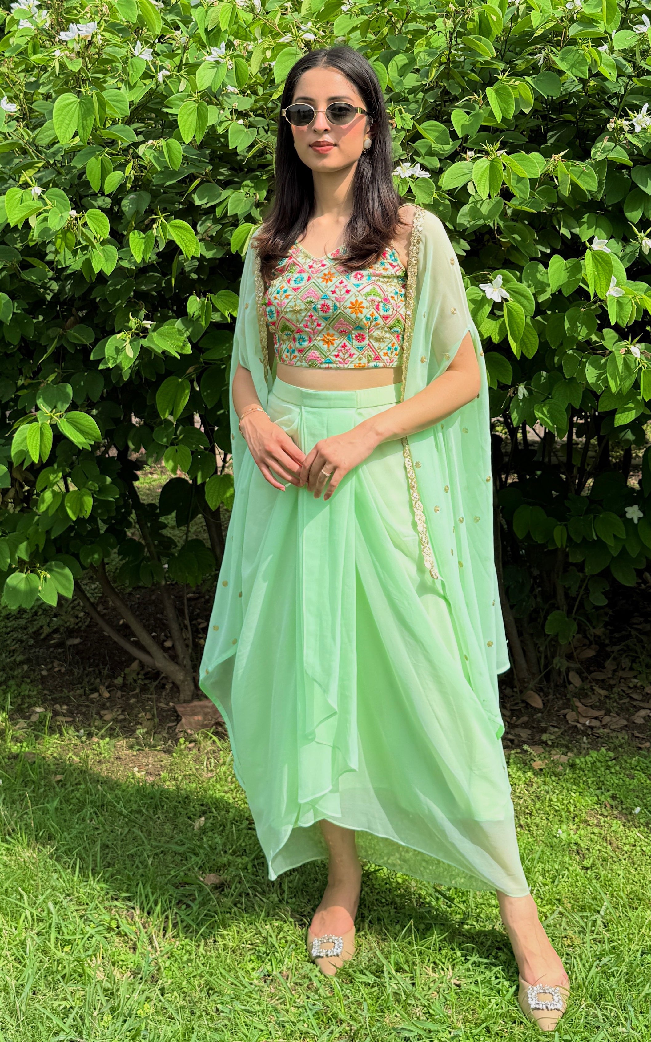 Pista Green Embroidered Crop Top & Draped Skirt Co-ord Set