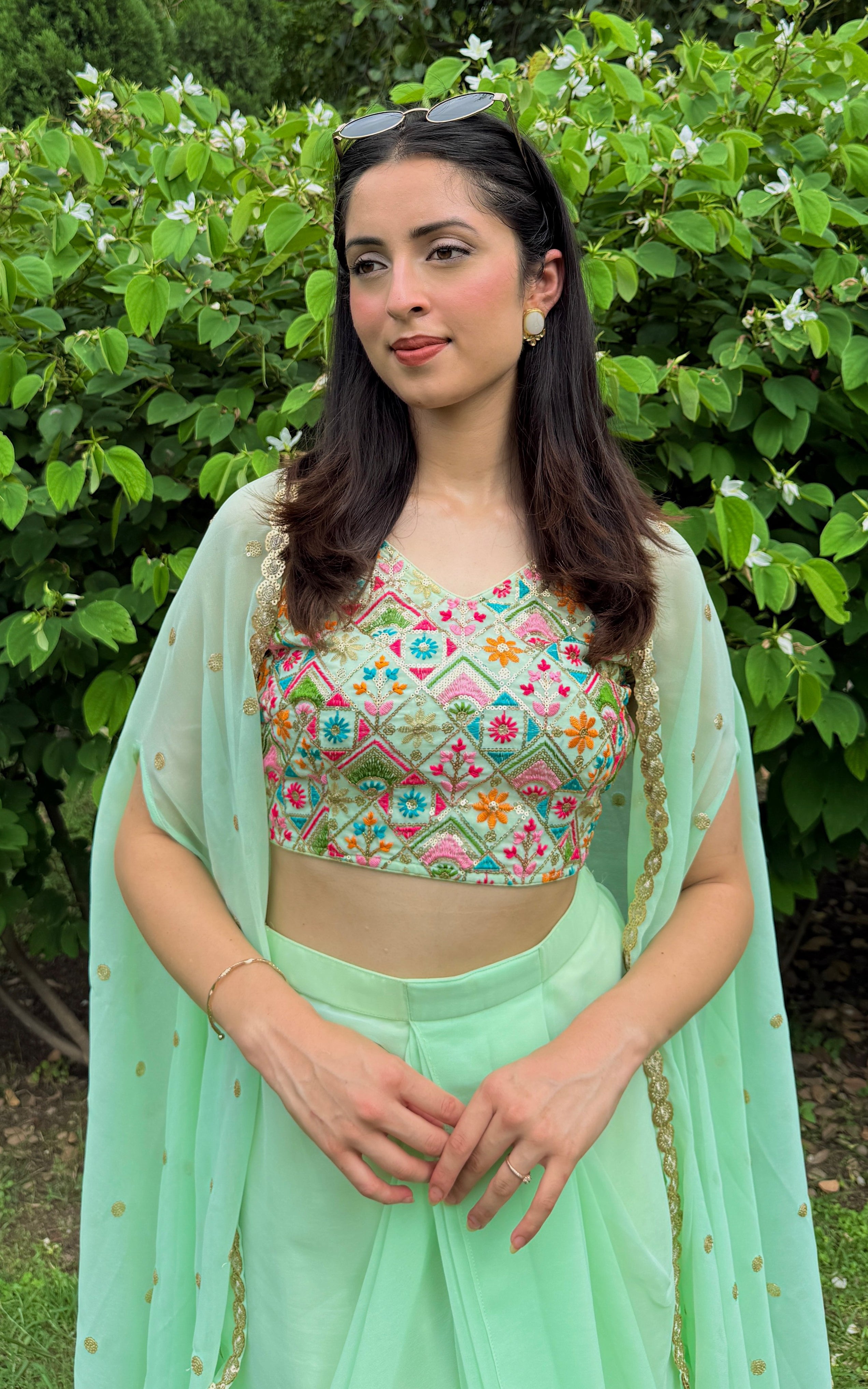 Pista Green Embroidered Crop Top & Draped Skirt Co-ord Set
