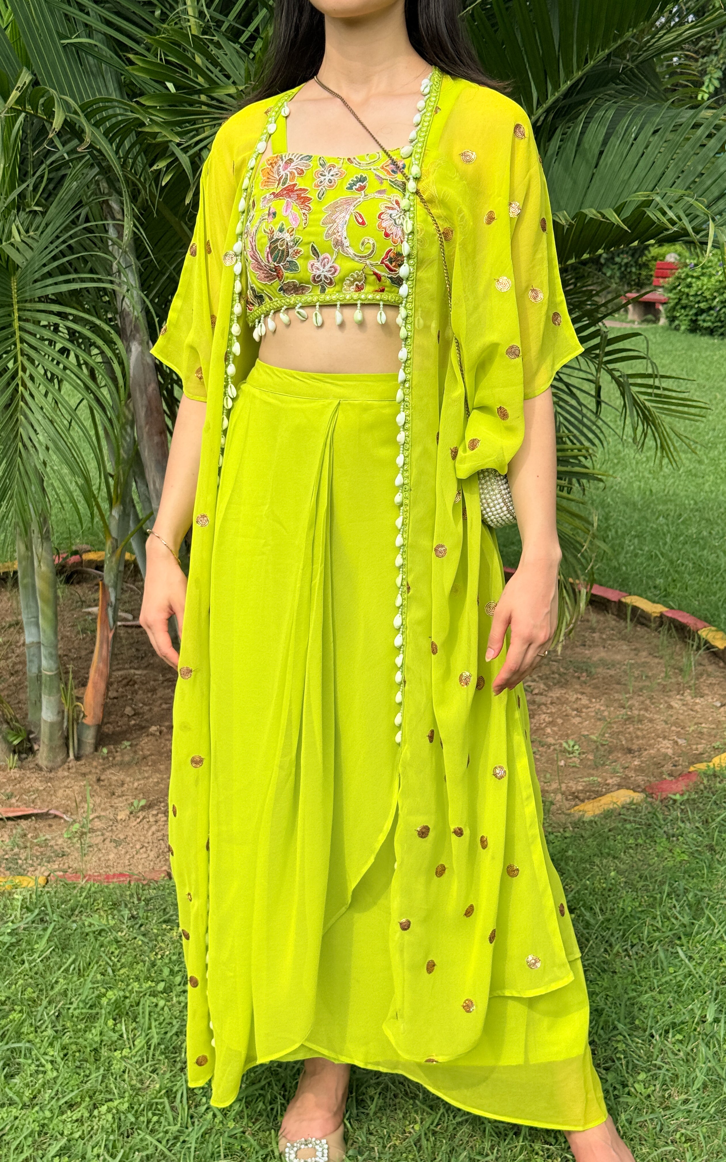 Parrot Green Embroidered Crop top and Draped Skirt Co-ord Set