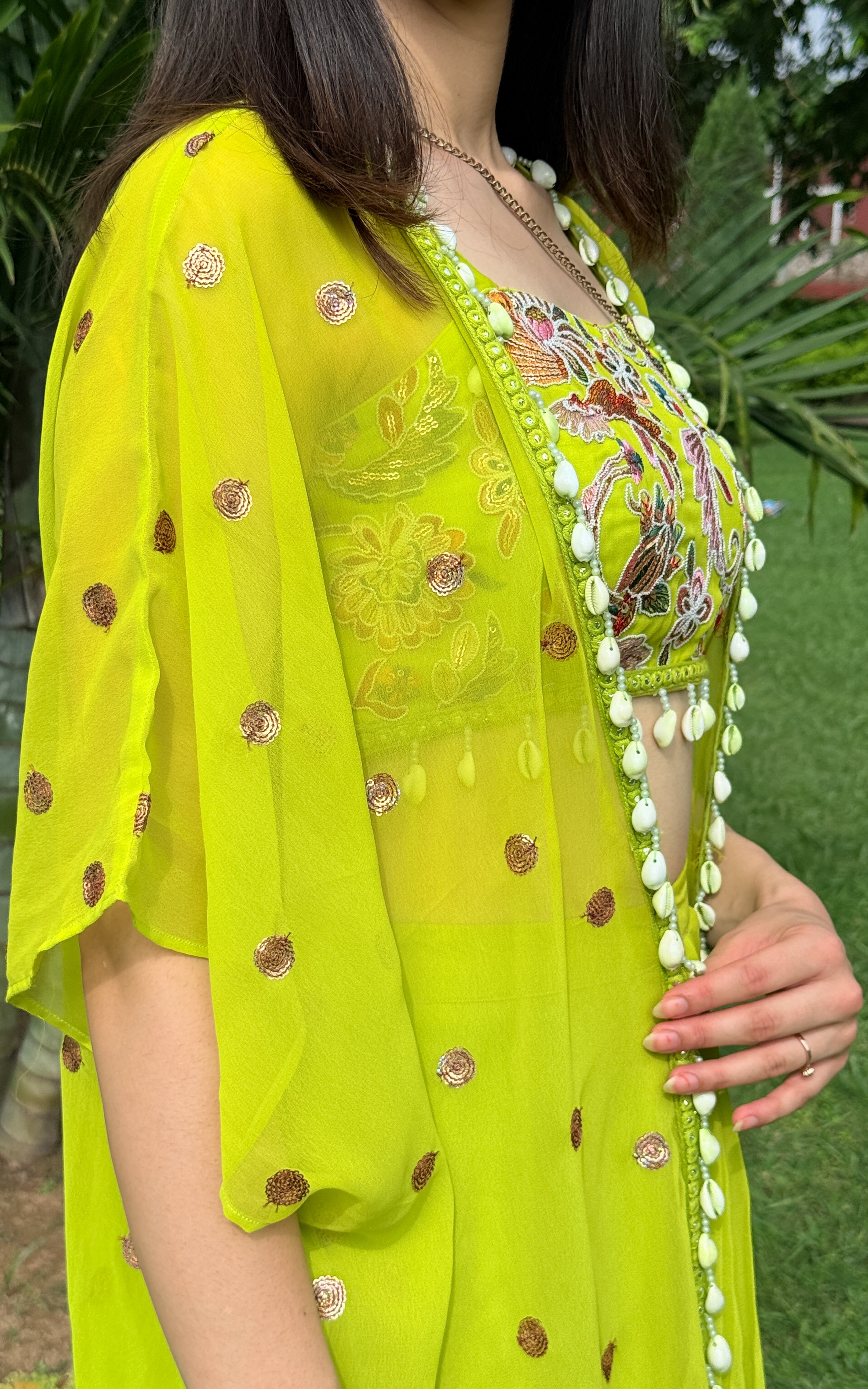 Parrot Green Embroidered Crop top and Draped Skirt Co-ord Set