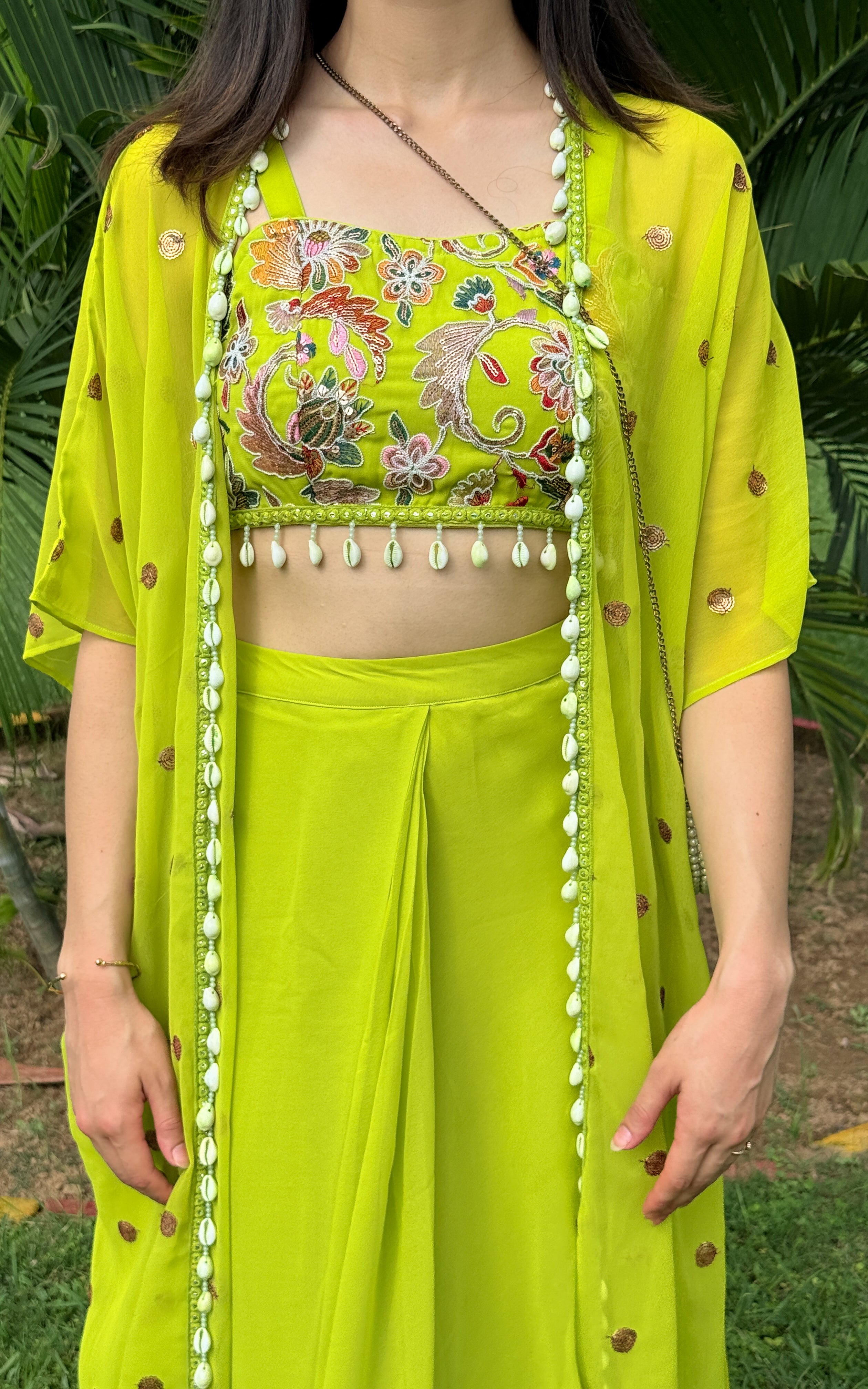 Parrot Green Embroidered Crop top and Draped Skirt Co-ord Set