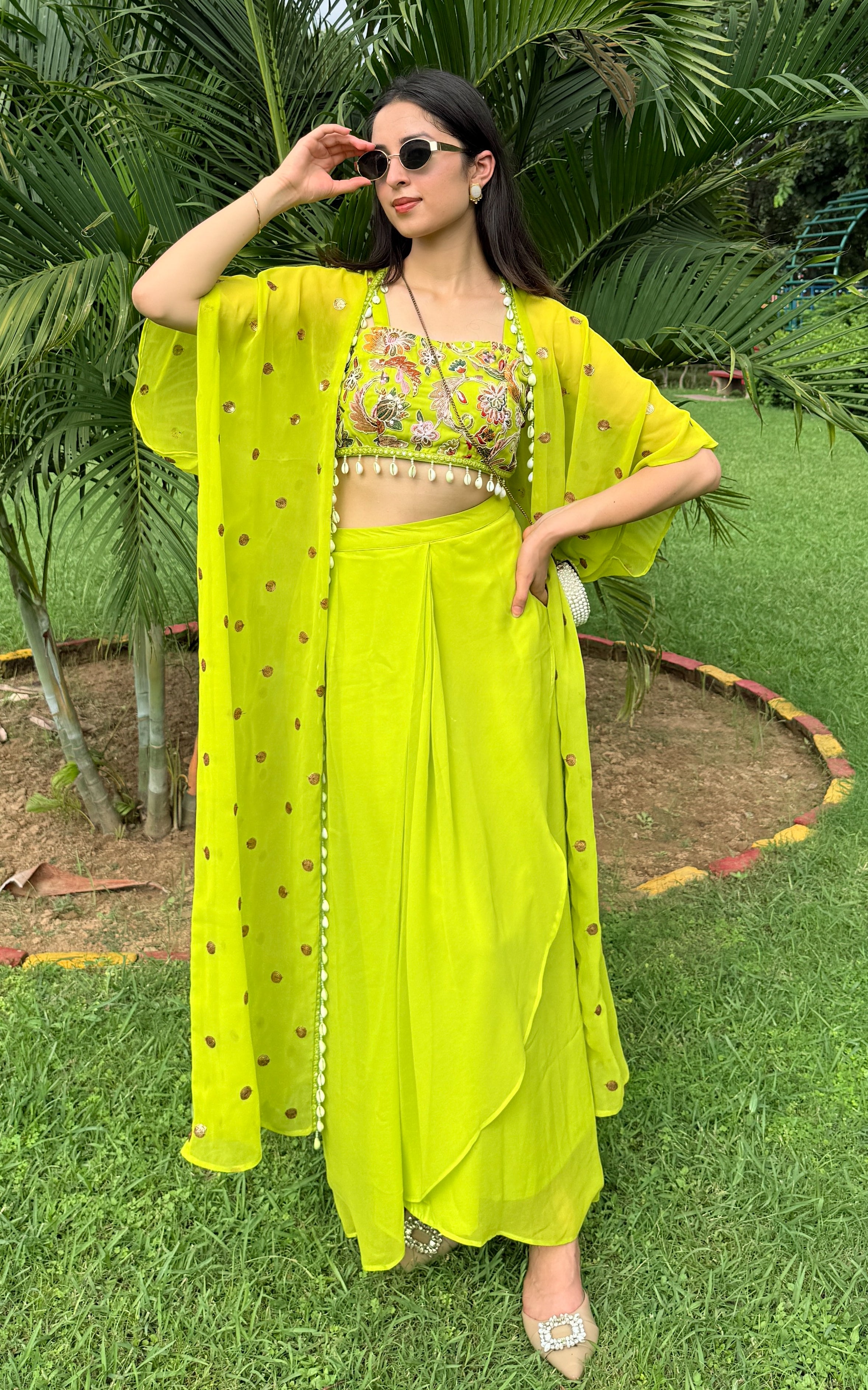 Parrot Green Embroidered Crop top and Draped Skirt Co-ord Set