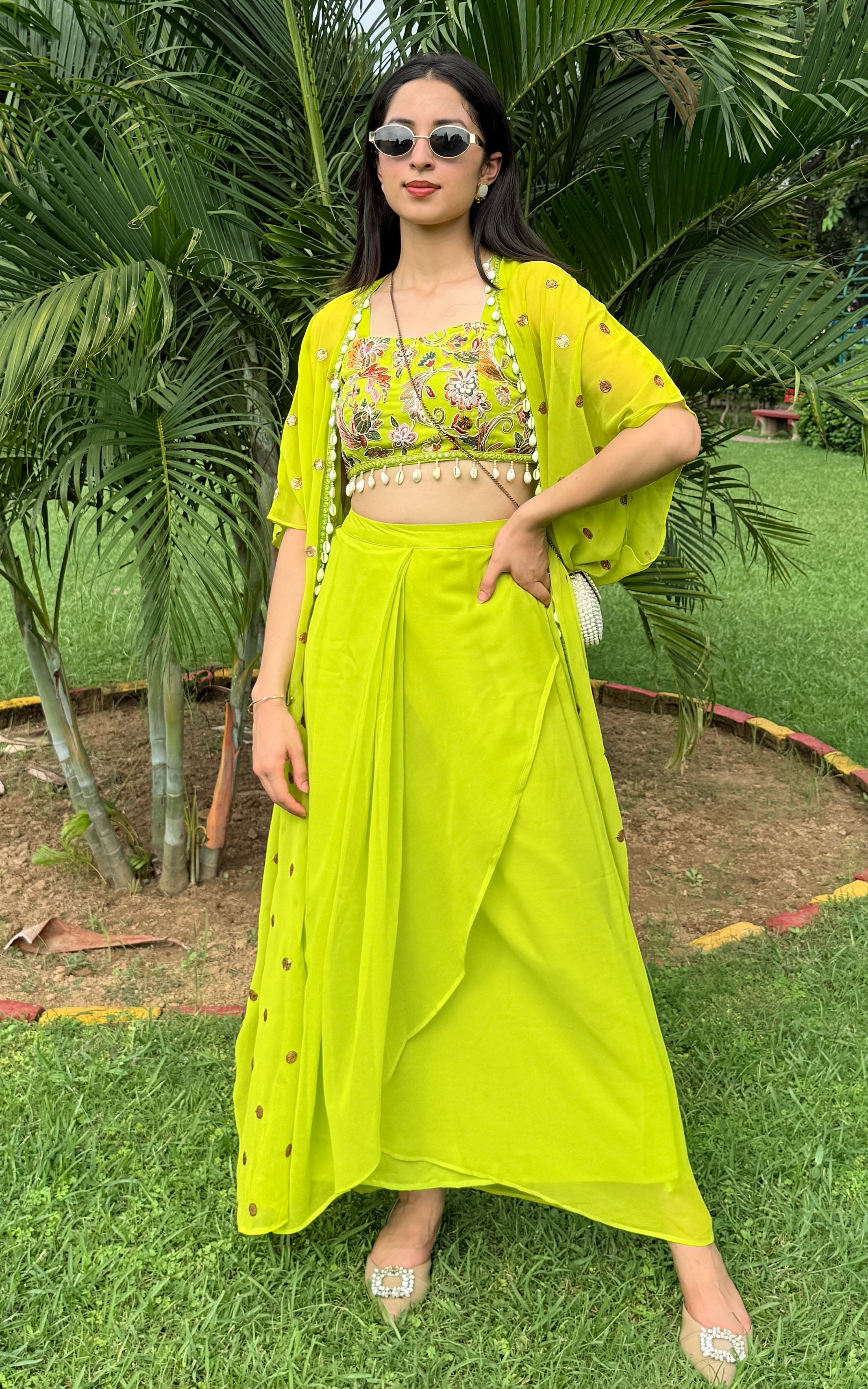 Parrot Green Embroidered Crop top and Draped Skirt Co-ord Set
