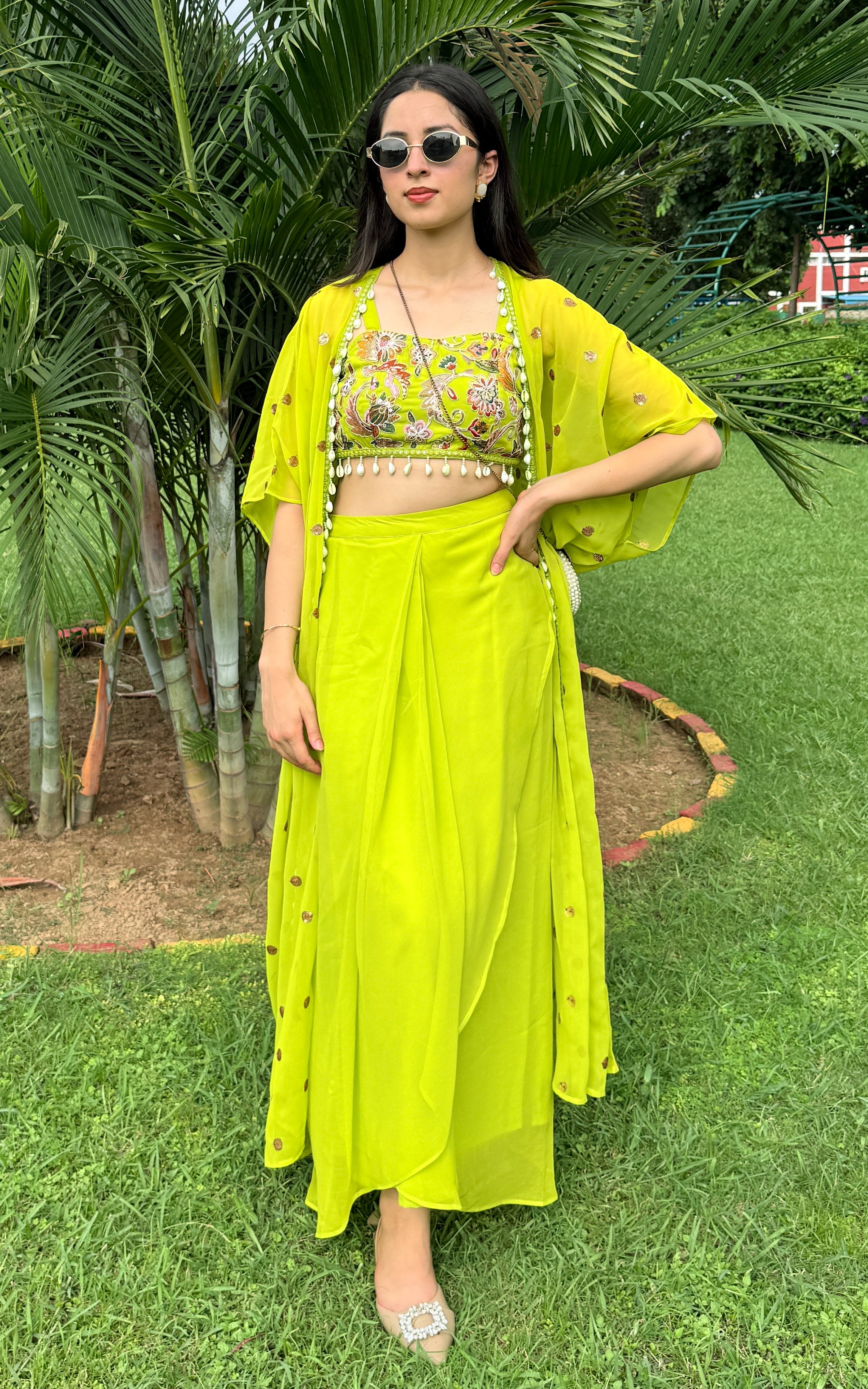 Parrot Green Embroidered Crop top and Draped Skirt Co-ord Set