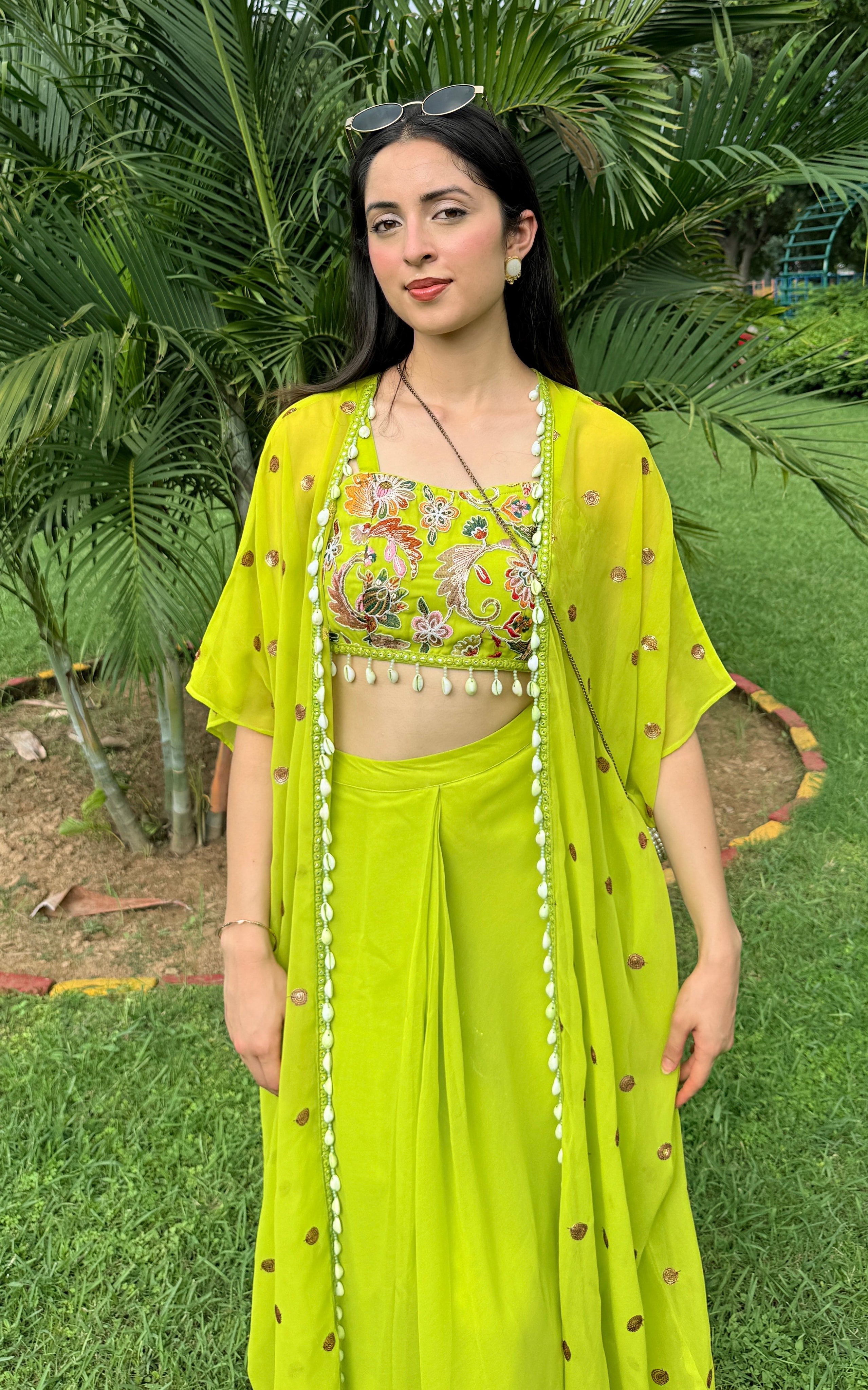 Parrot Green Embroidered Crop top and Draped Skirt Co-ord Set
