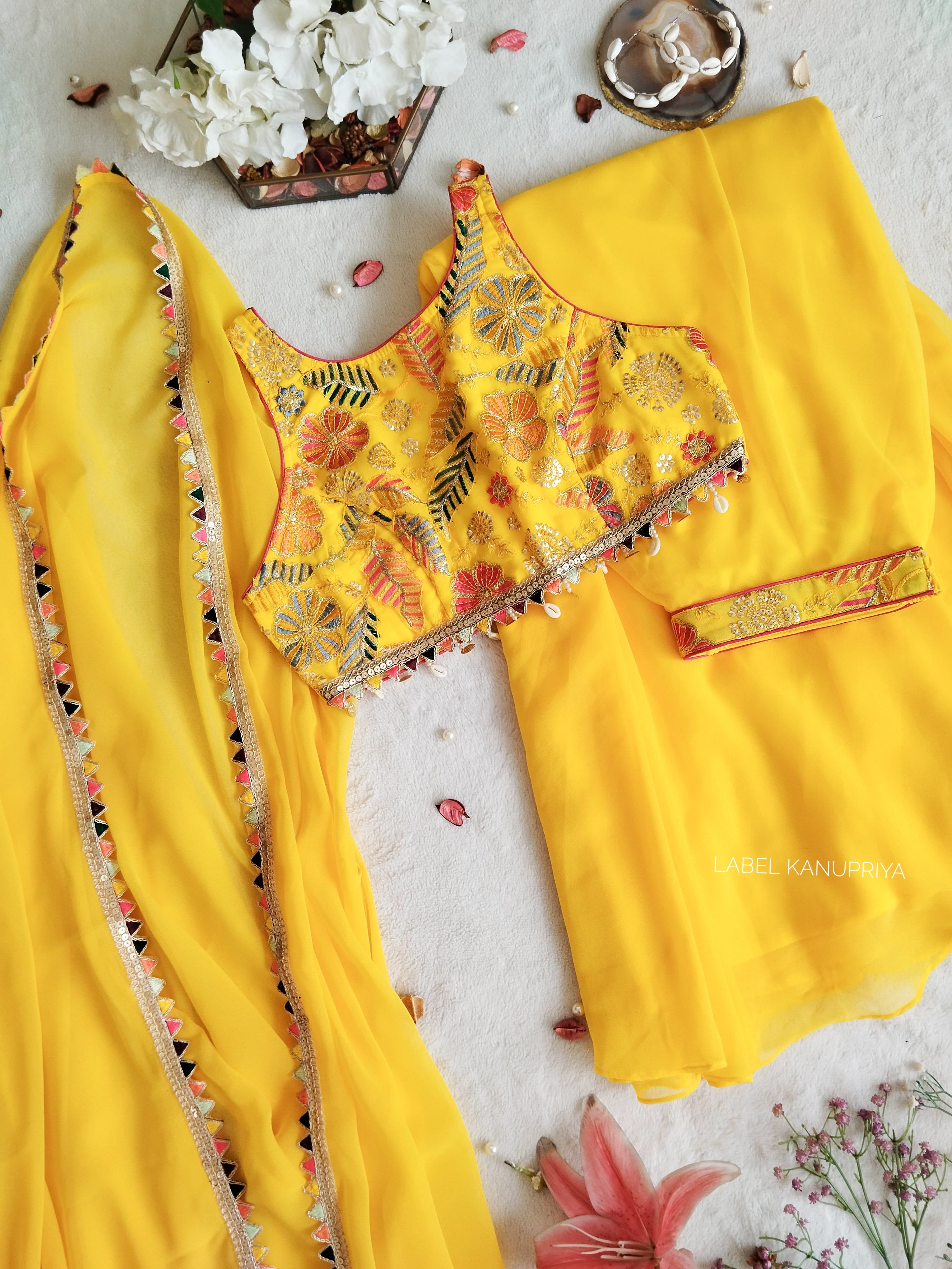 Yellow Embroidered Crop Top Sharara and Cape Set