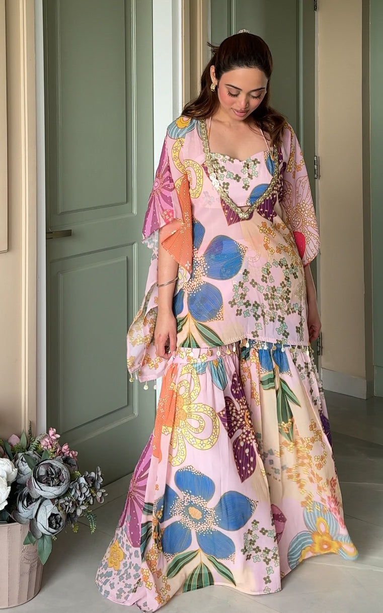 Pink Floral Printed Crop Top Sharara Kaftan Set