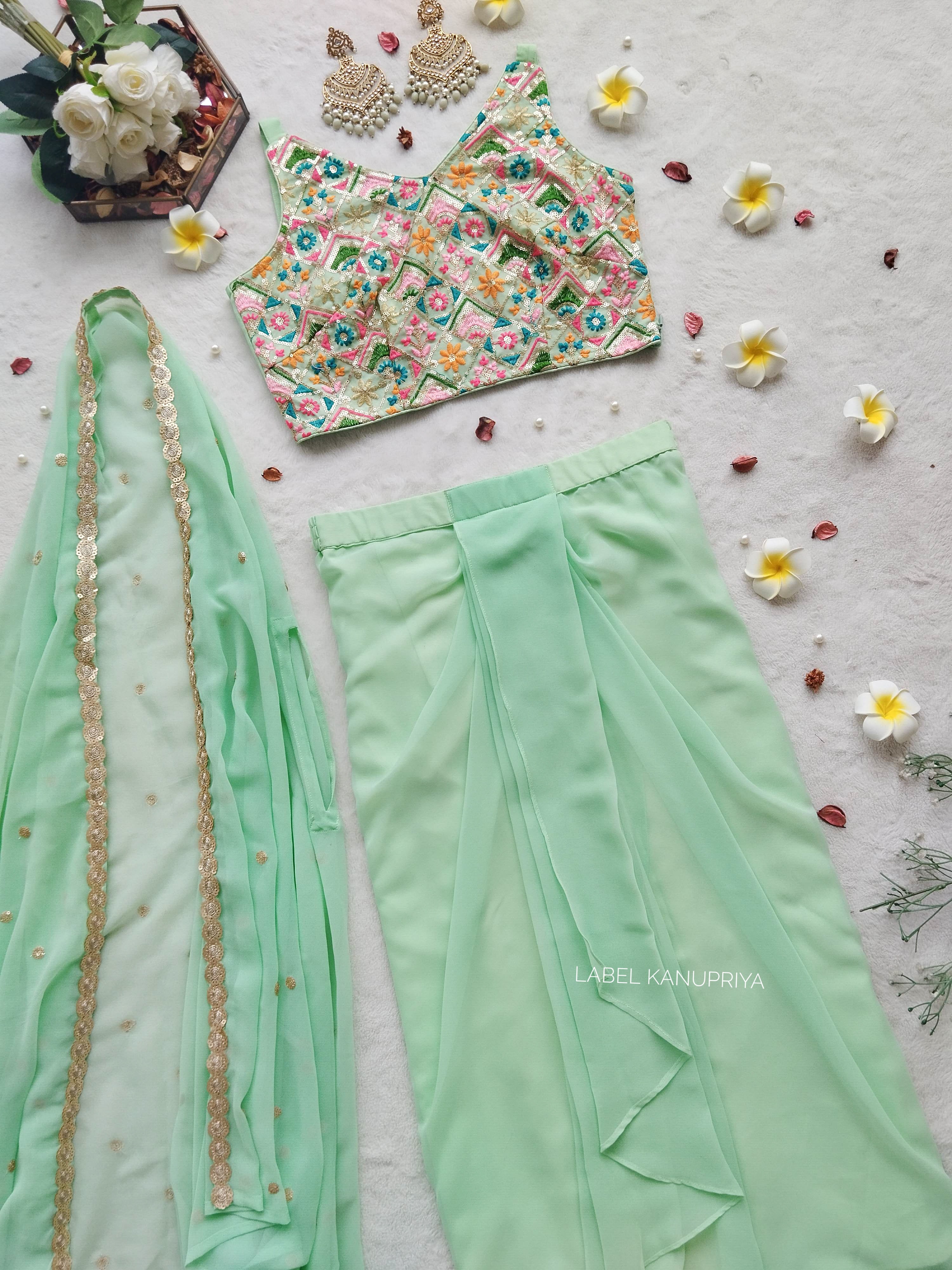 Pista Green Embroidered Crop Top & Draped Skirt Co-ord Set