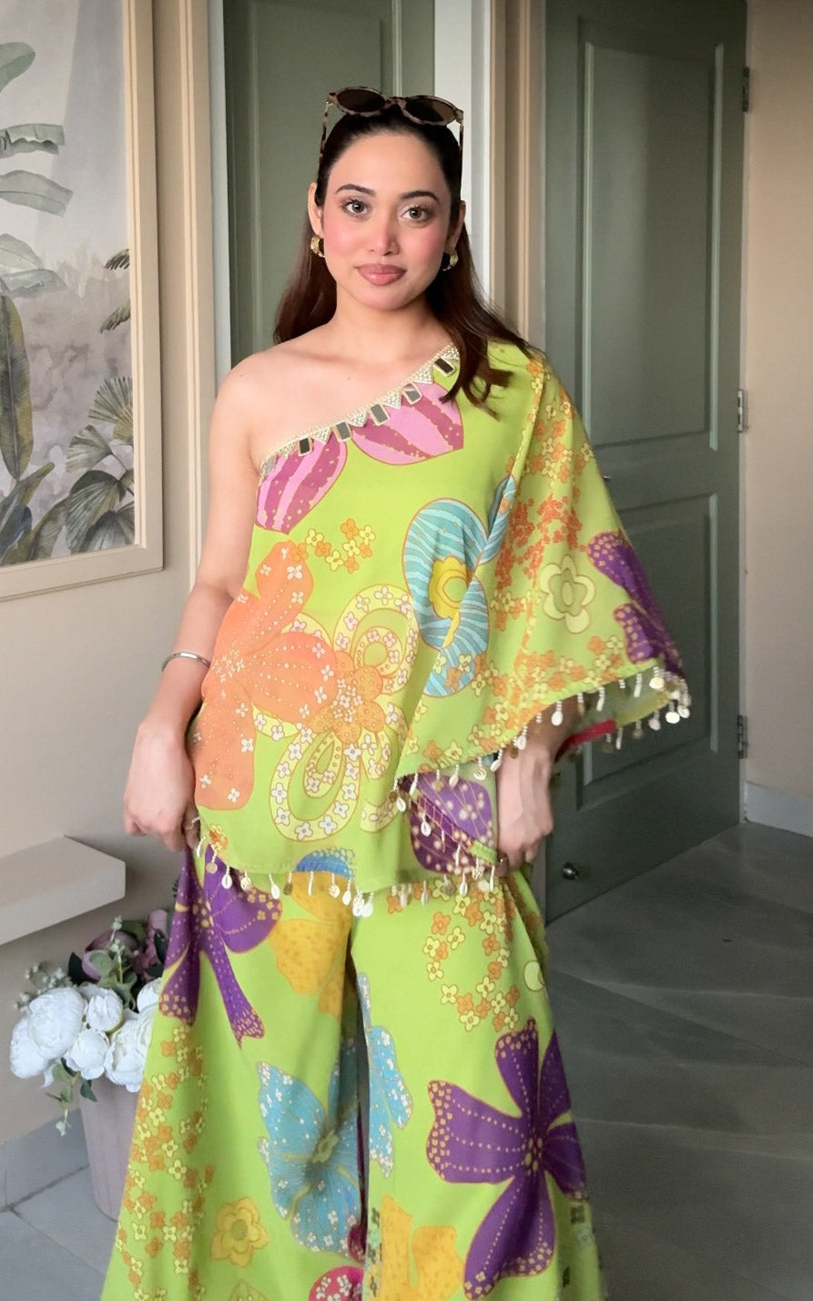Parrot Green Floral One-Shoulder Co-Ord Set
