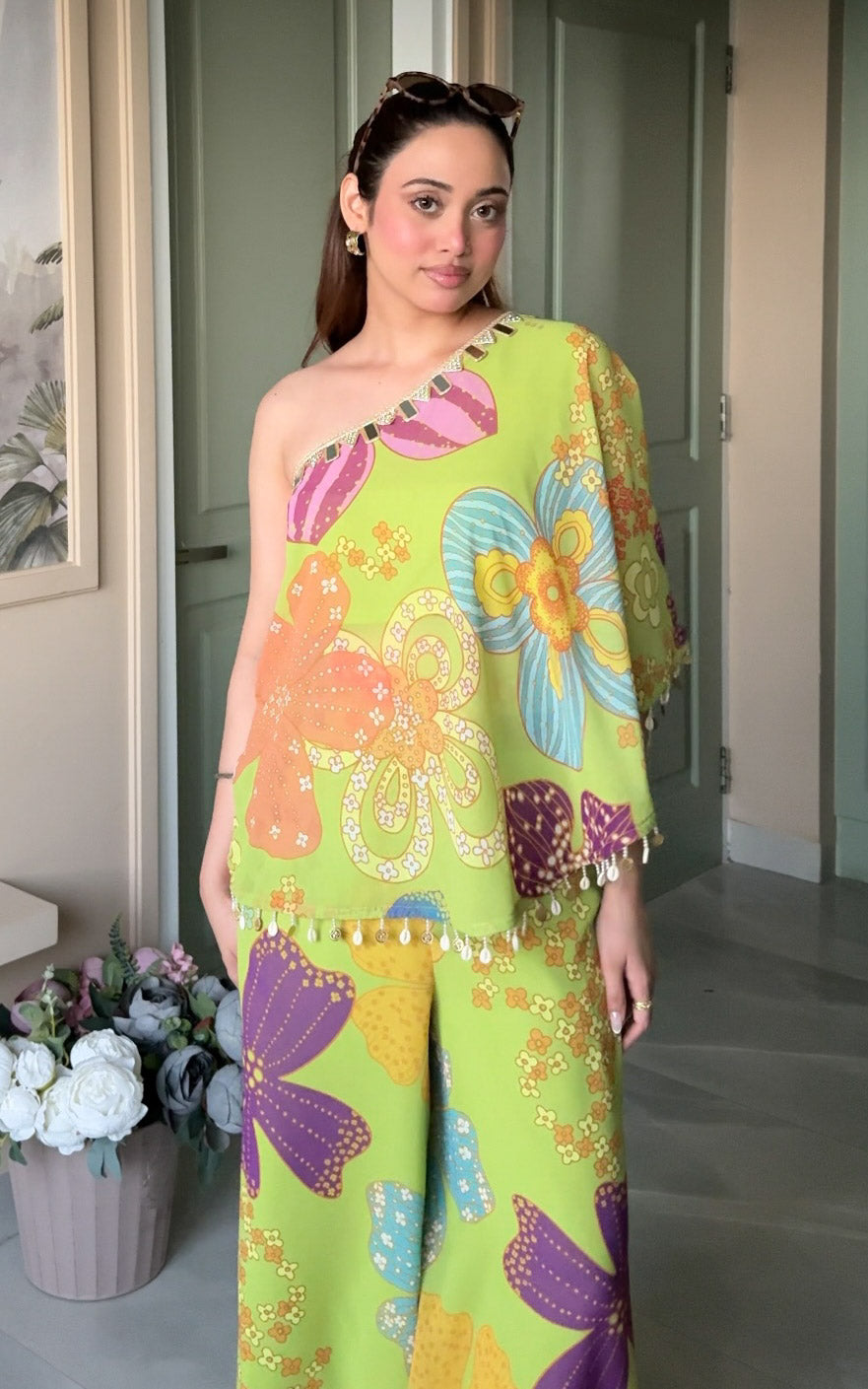 Parrot Green Floral One-Shoulder Co-Ord Set