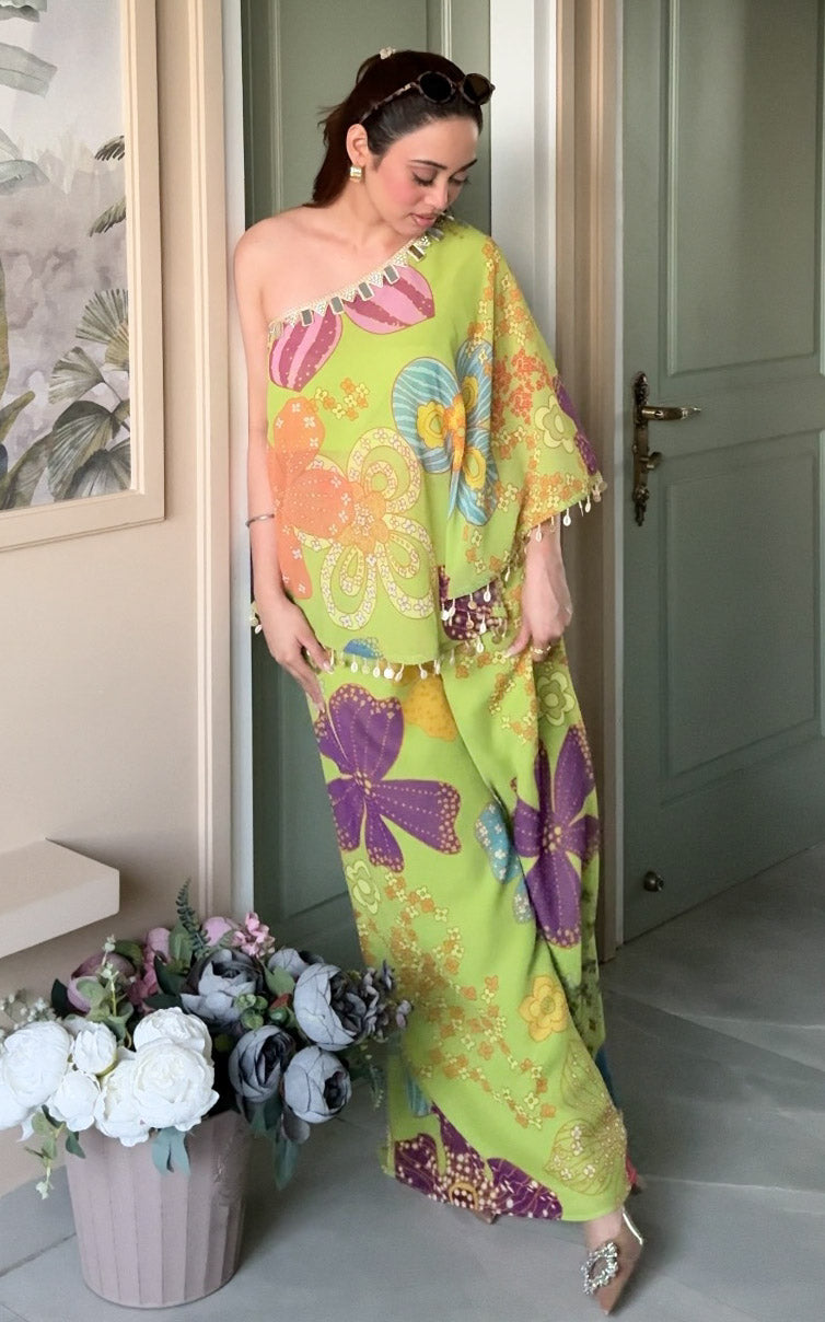 Parrot Green Floral One-Shoulder Co-Ord Set
