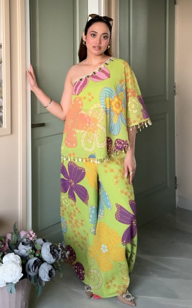Parrot Green Floral One-Shoulder Co-Ord Set