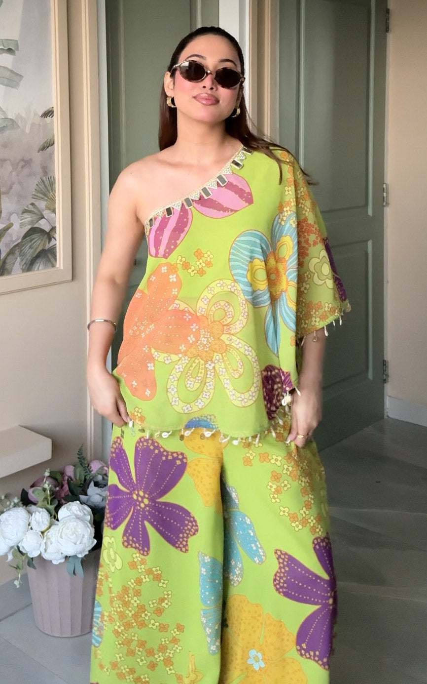 Parrot Green Floral One-Shoulder Co-Ord Set
