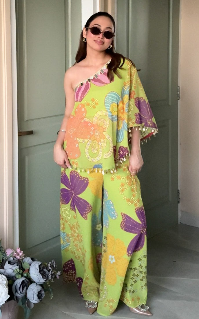 Parrot Green Floral One-Shoulder Co-Ord Set