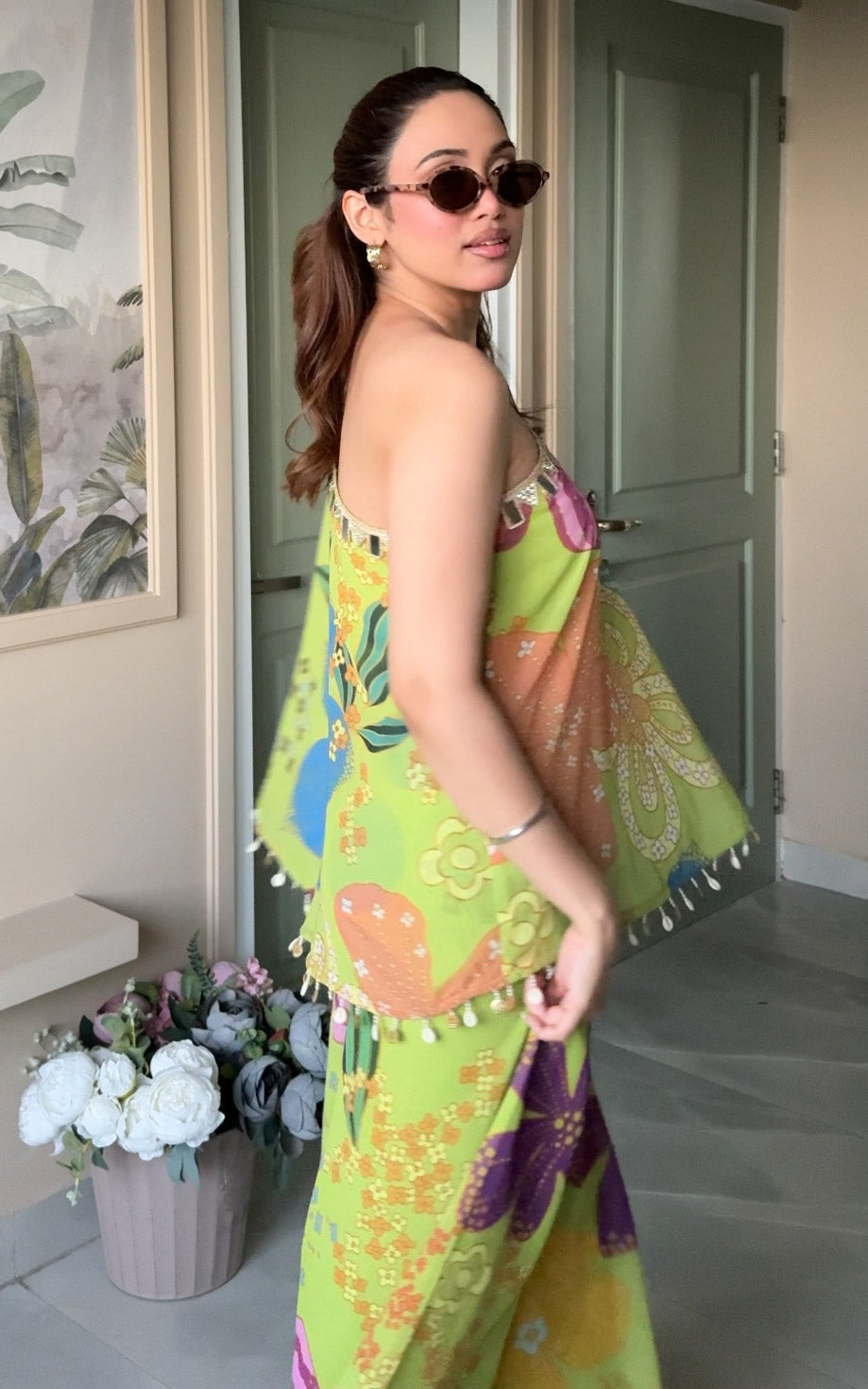 Parrot Green Floral One-Shoulder Co-Ord Set