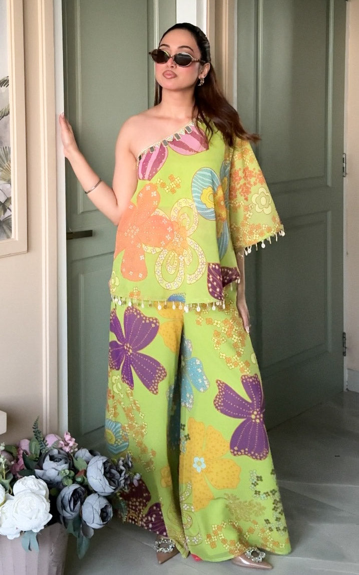 Parrot Green Floral One-Shoulder Co-Ord Set