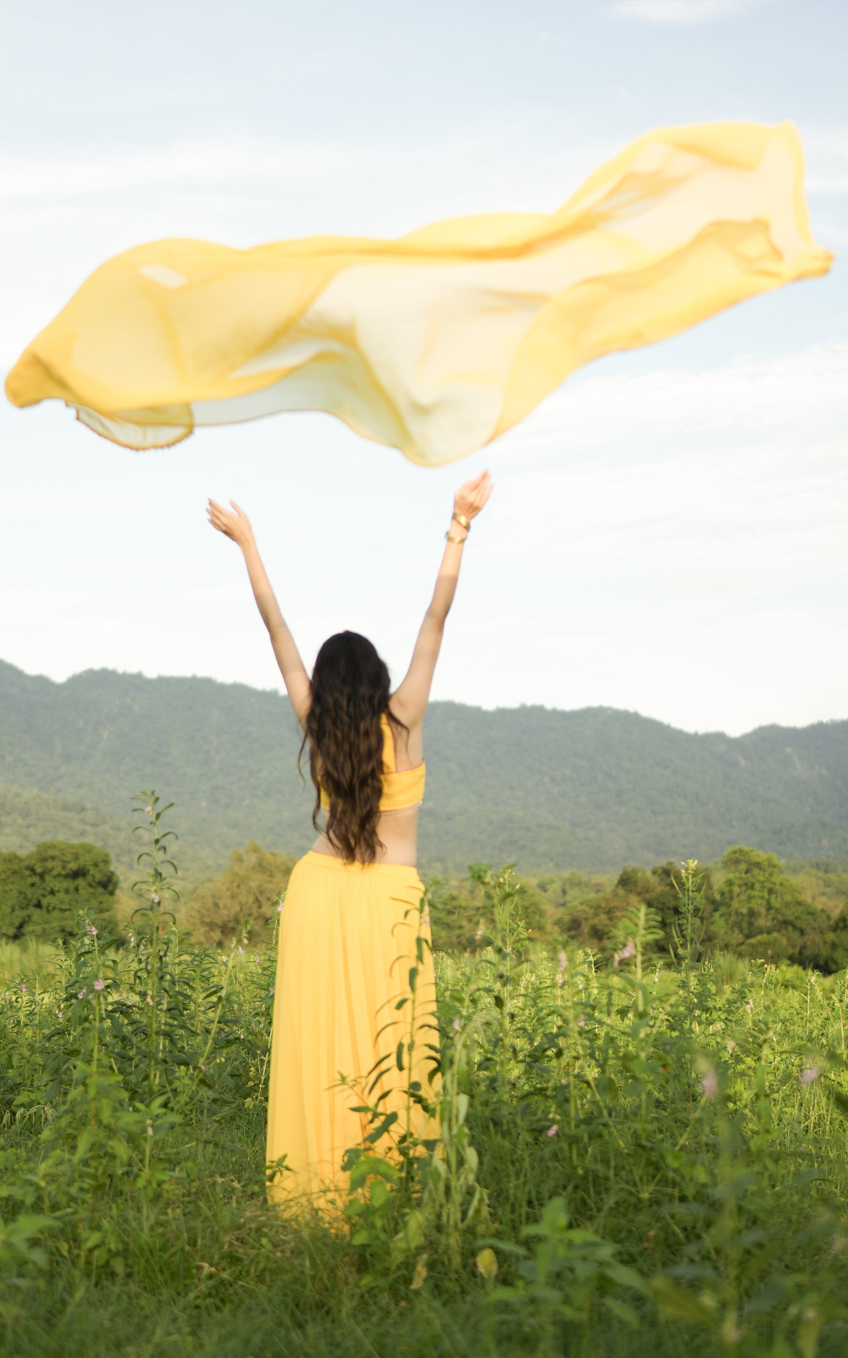 Yellow Embroidered Crop Top Sharara and Cape Set