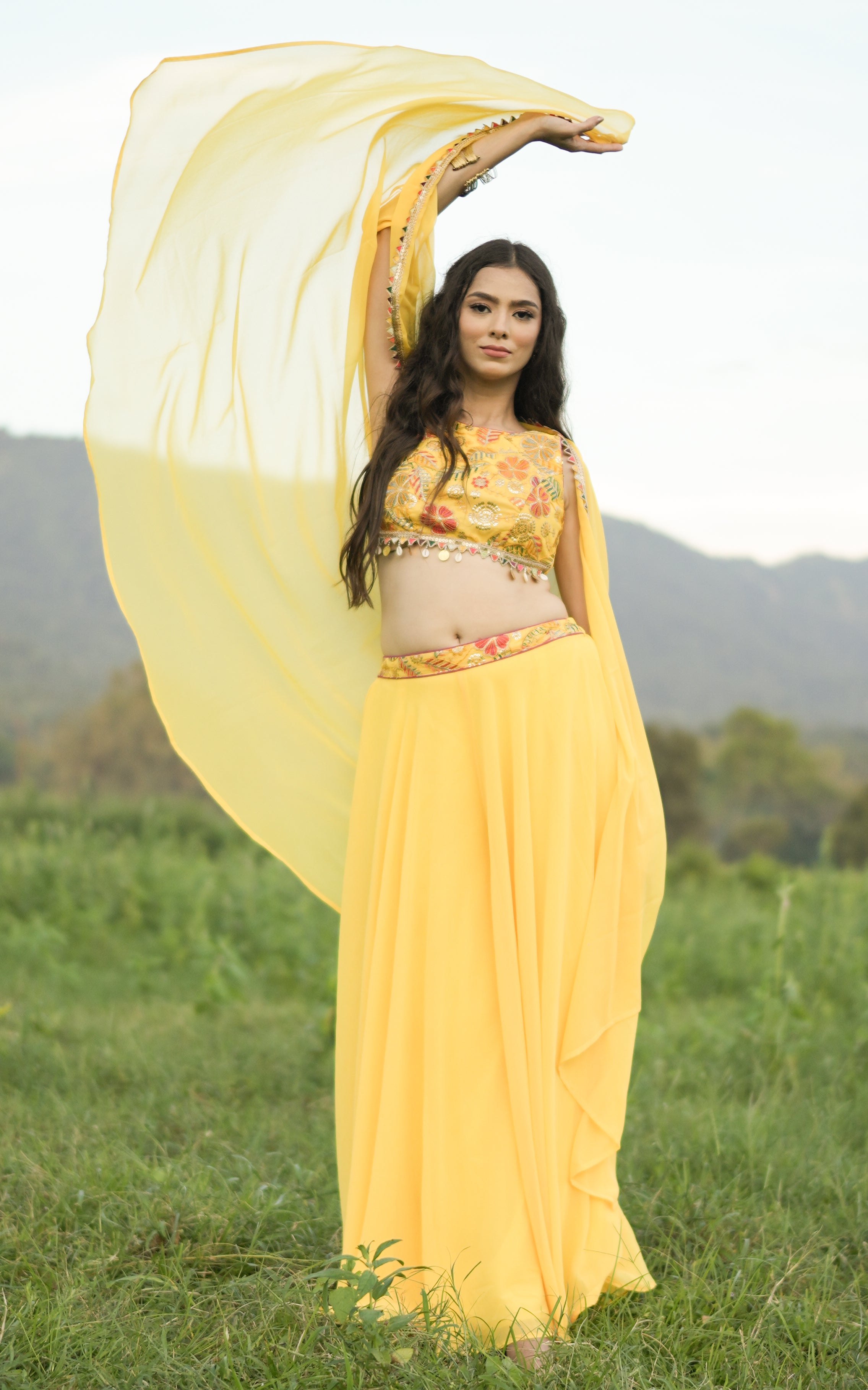 Yellow Embroidered Crop Top Sharara and Cape Set