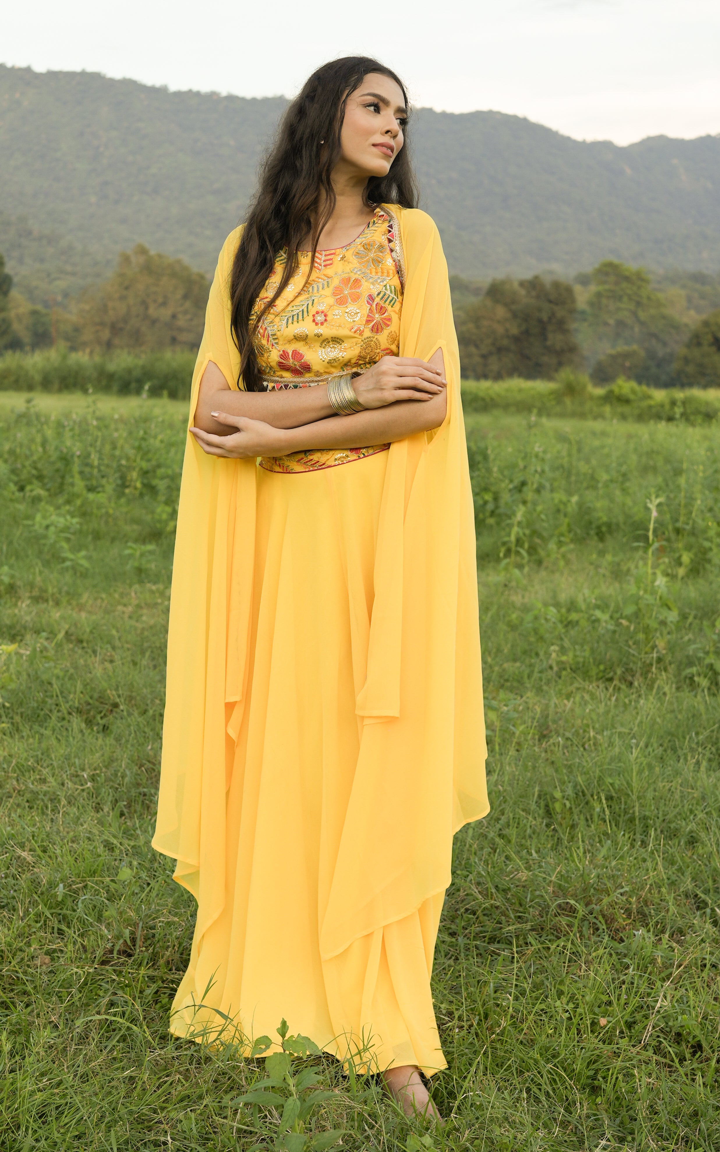 Yellow Embroidered Crop Top Sharara and Cape Set