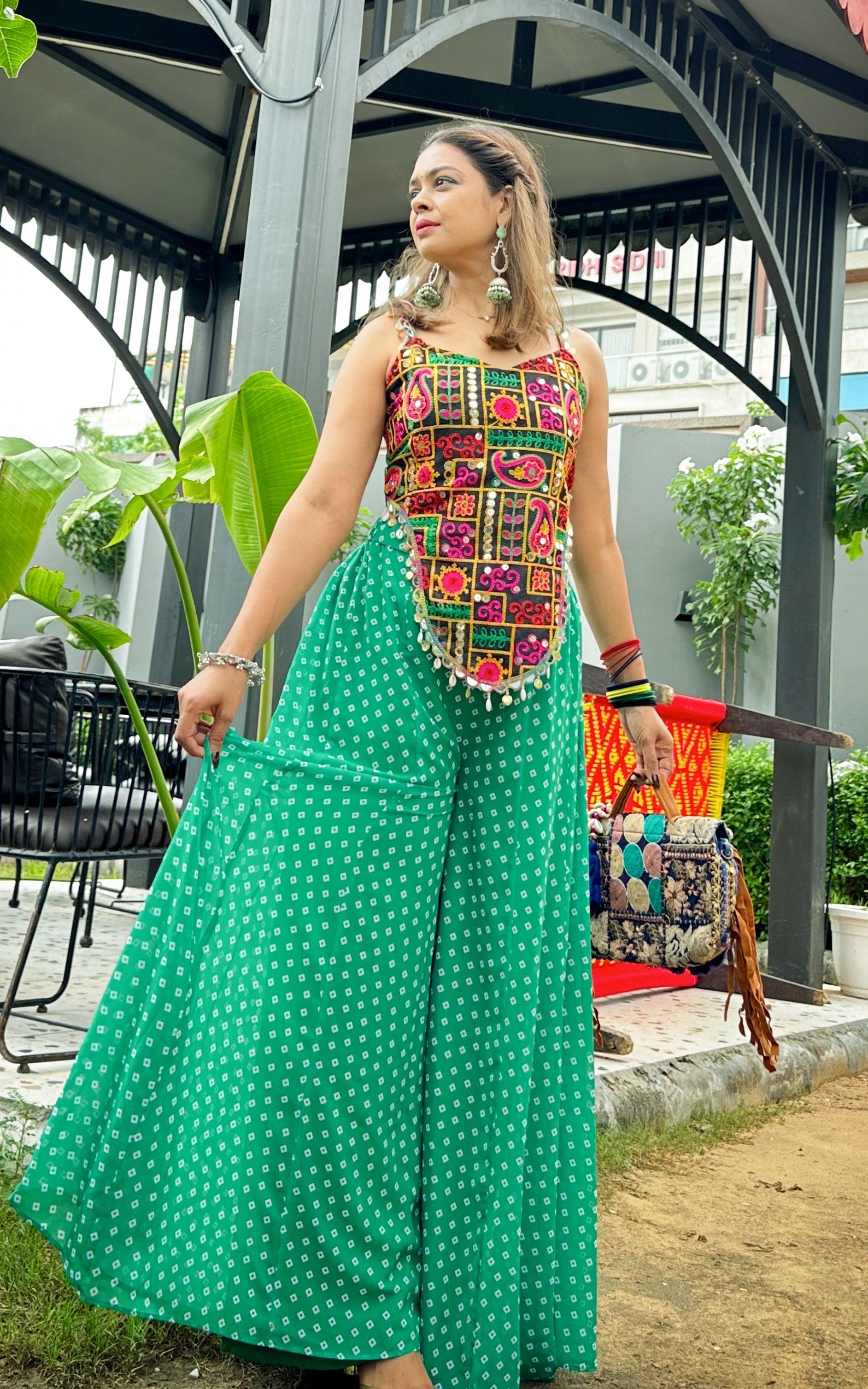 Multicolor Mirrorwork Top With Green Bandhej Sharara