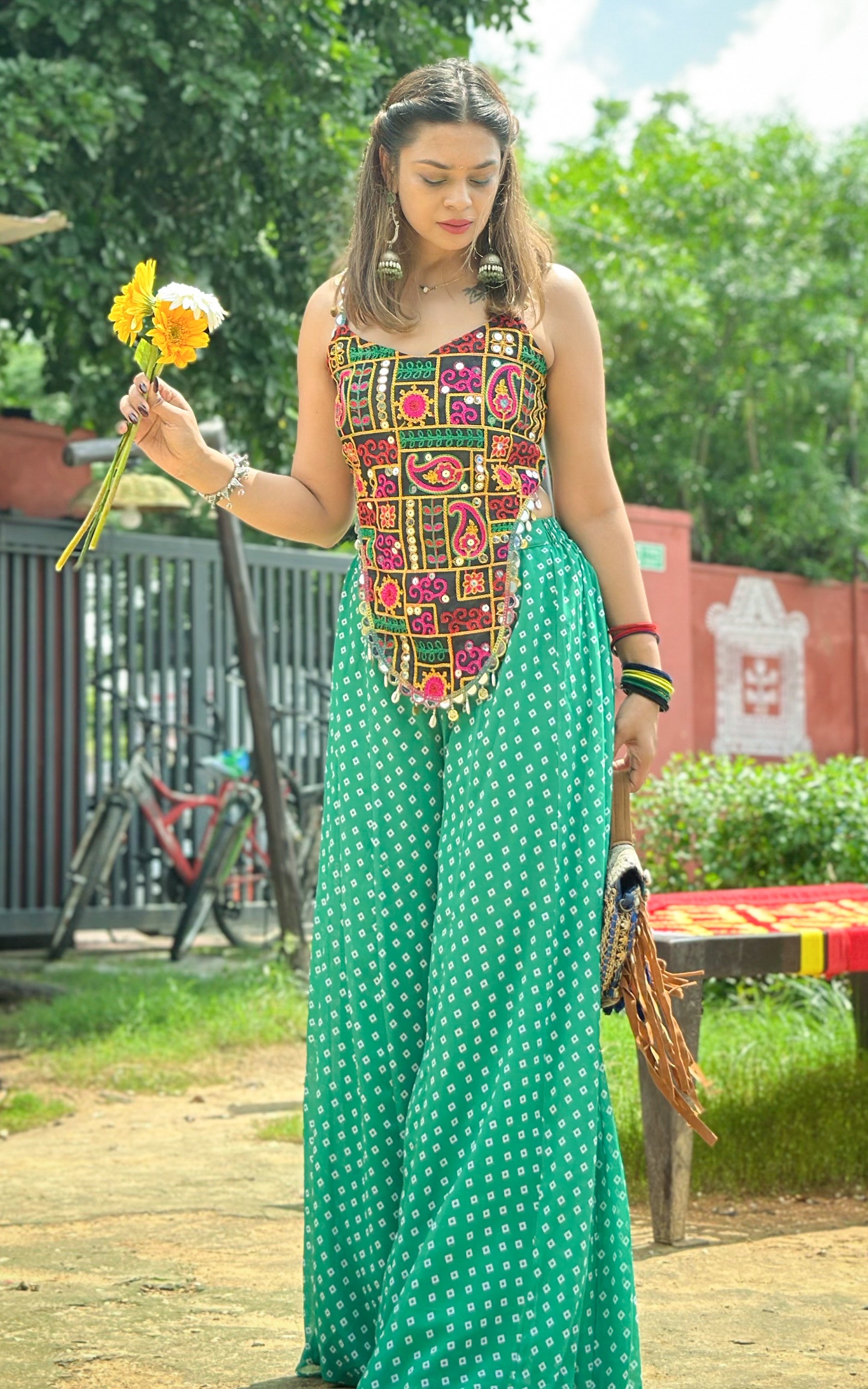 Multicolor Mirrorwork Top With Green Bandhej Sharara
