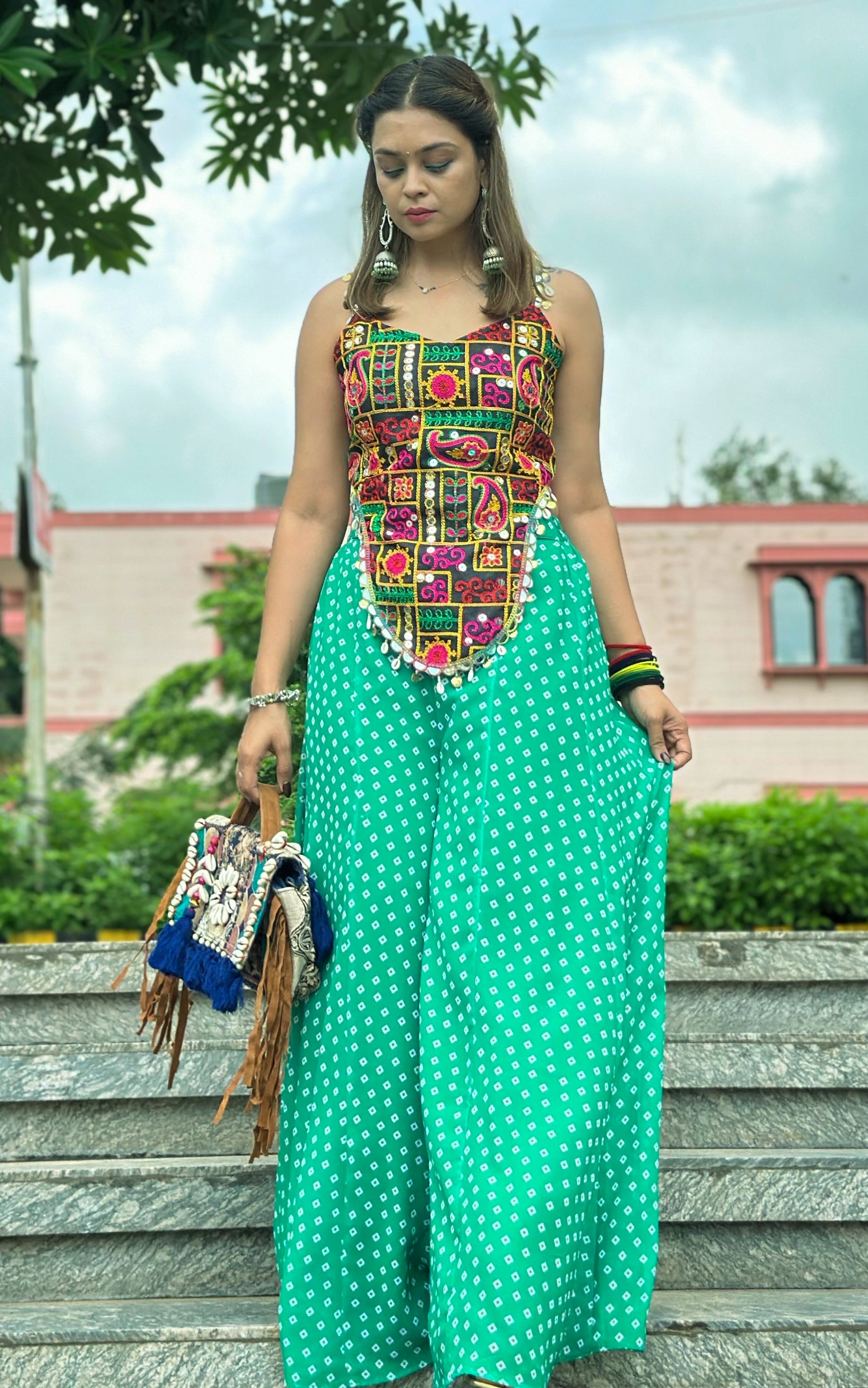 Multicolor Mirrorwork Top With Green Bandhej Sharara